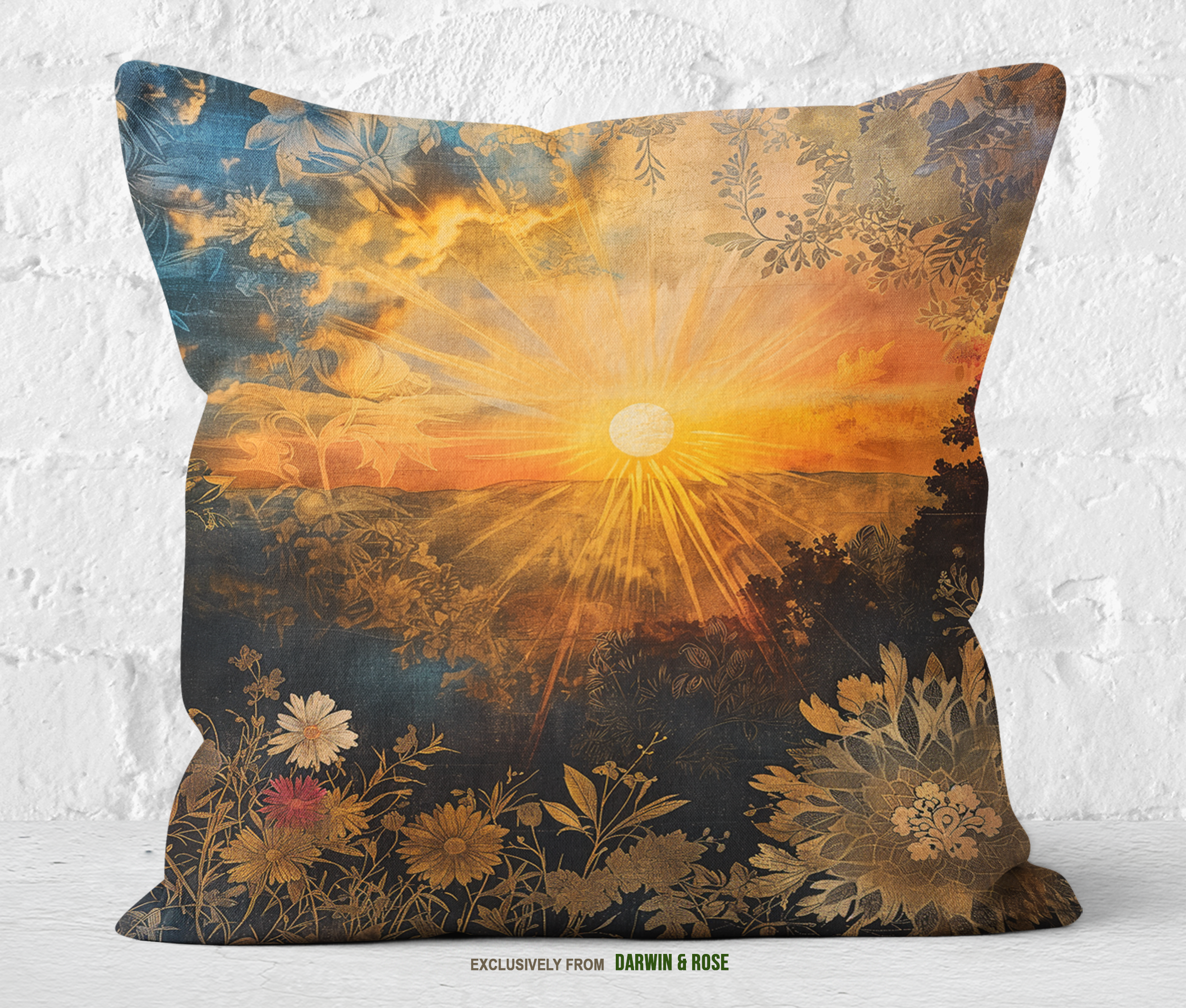 Golden Sunburst Boho Throw Pillow - Rustic Sunset Design