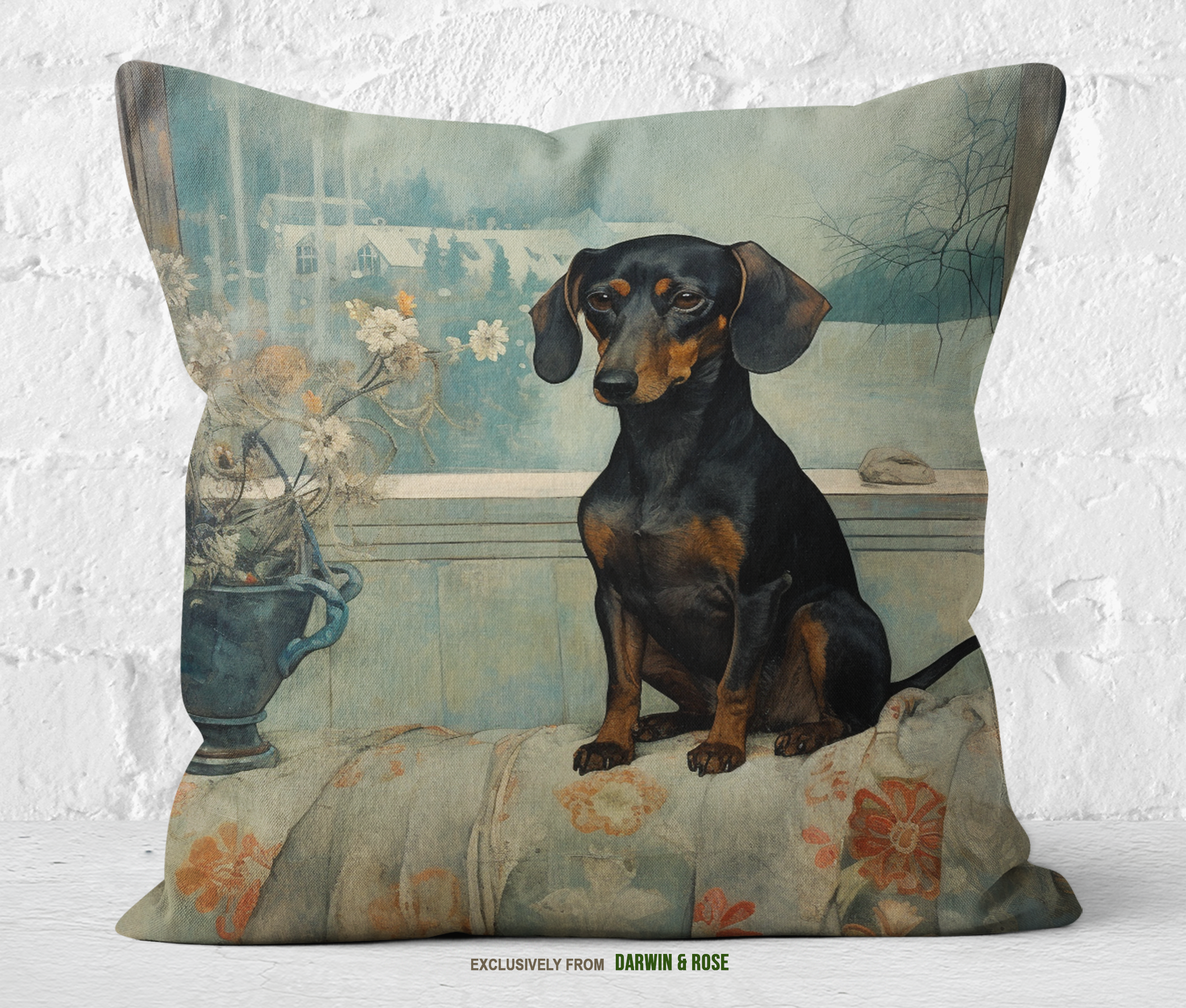 Dachshund Winter Cottage Scene Throw Pillow – Vintage Farmhouse Style