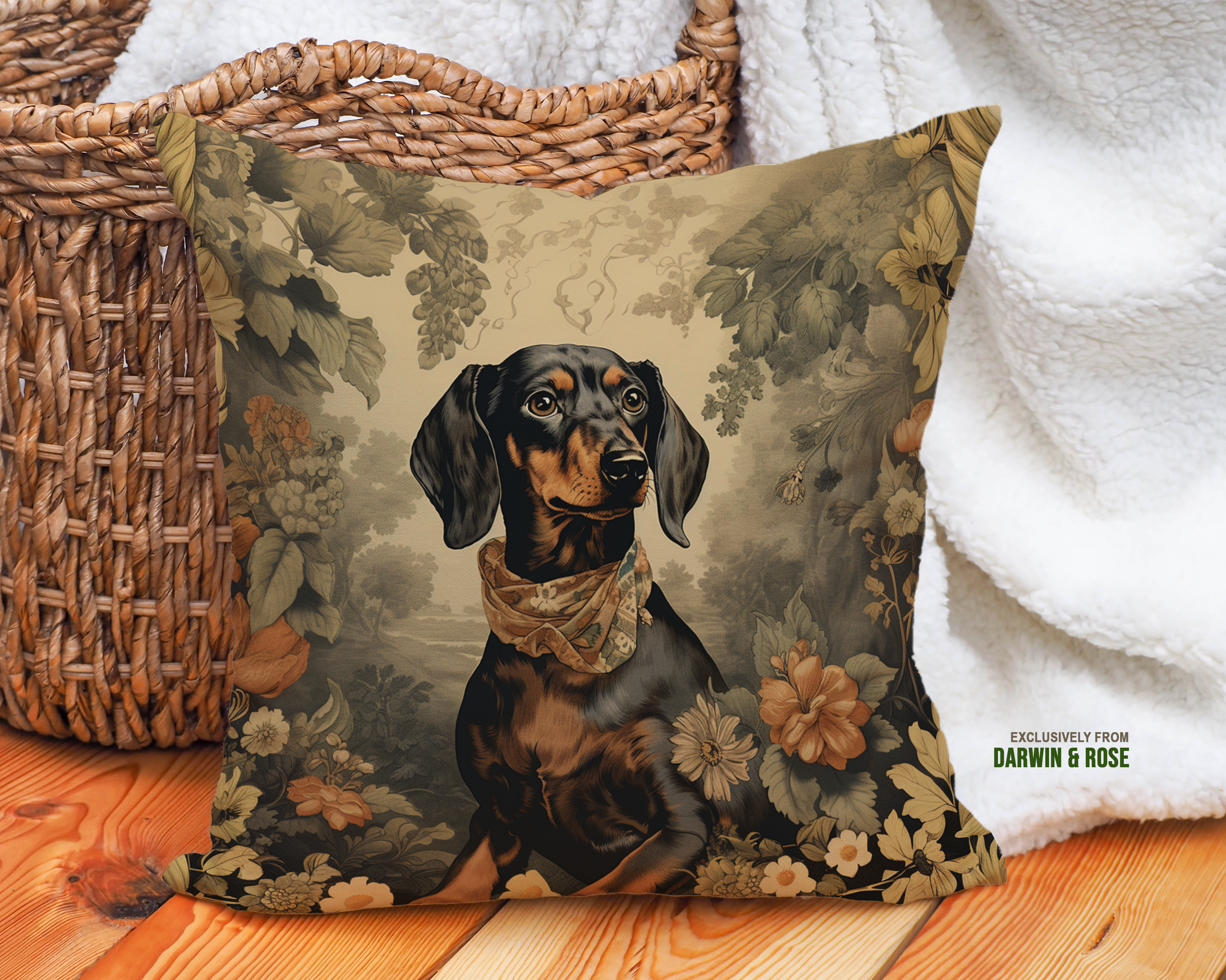 Vintage Elegance Dachshund Throw Pillow – Boho Floral Design