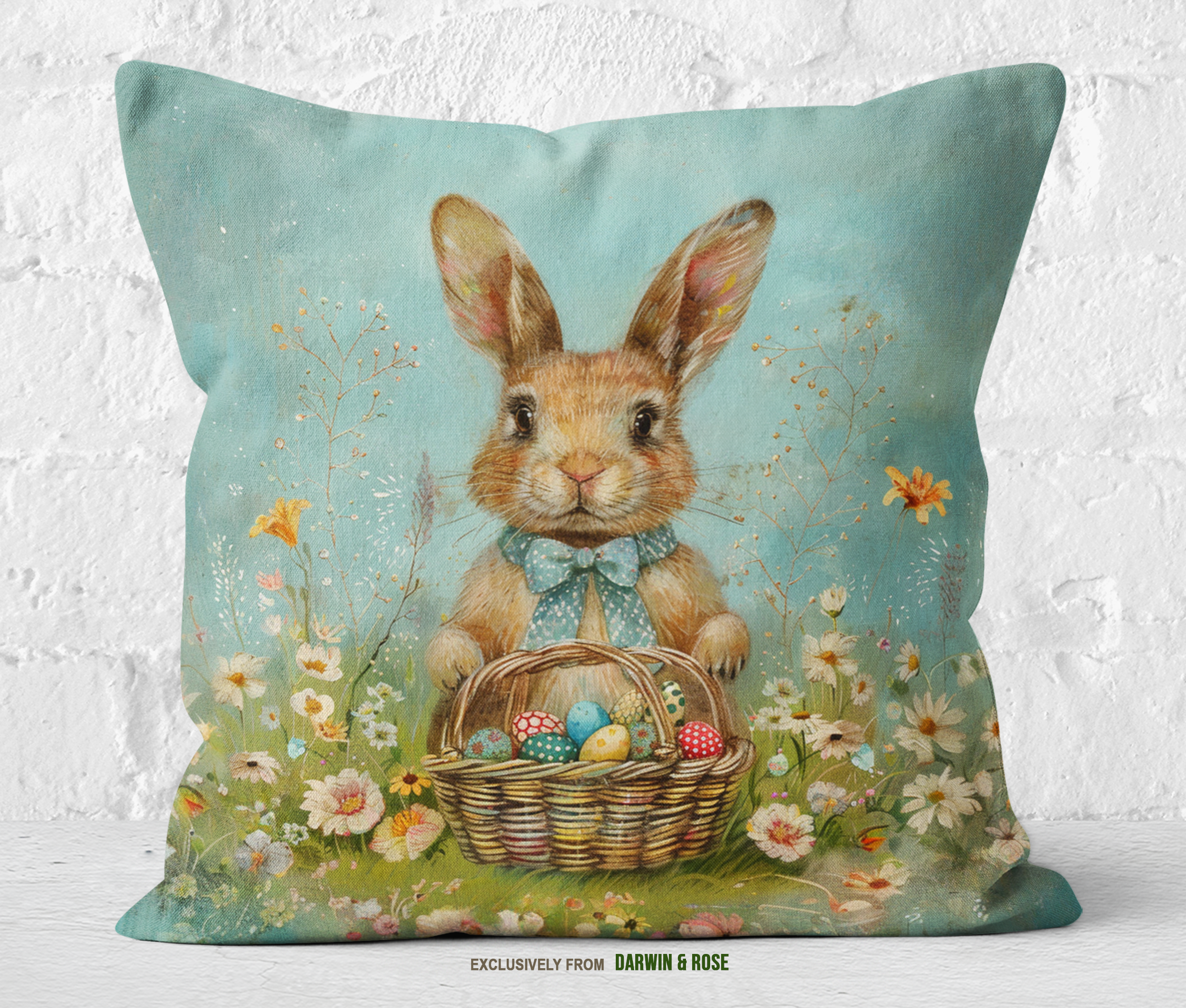 Easter Bunny Meadow Throw Pillow – Whimsical Spring Decor