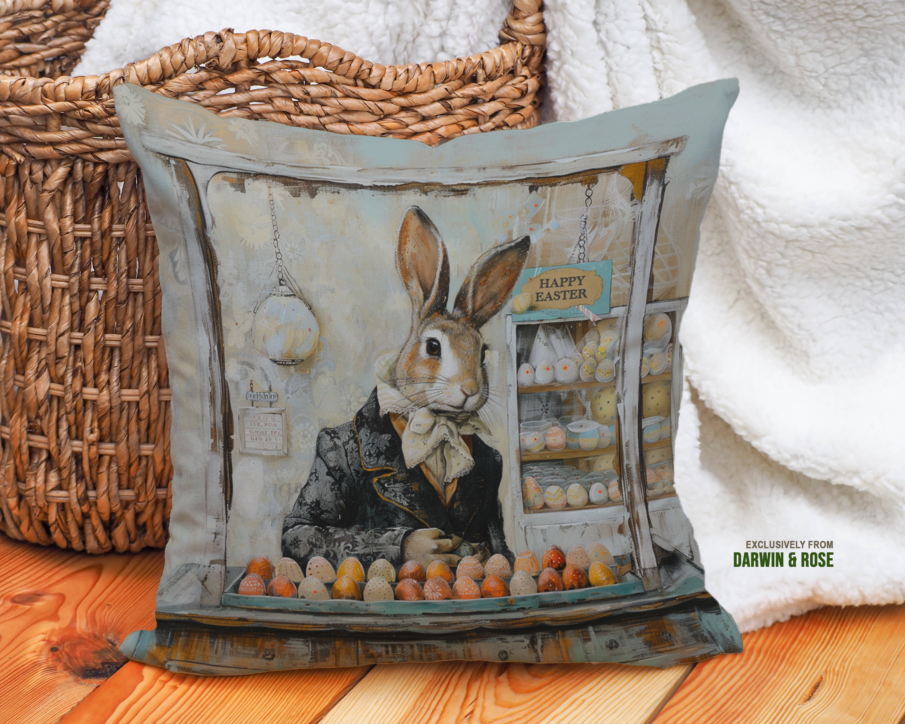Easter Bunny Market Vintage Farmhouse Throw Pillow