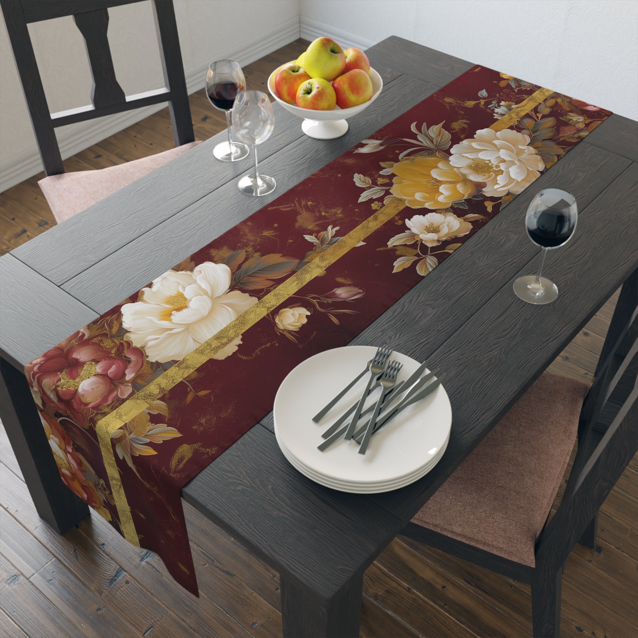 Burgundy Floral Table Runner | Gold, Yellow, and Cream Design (72" or 90")