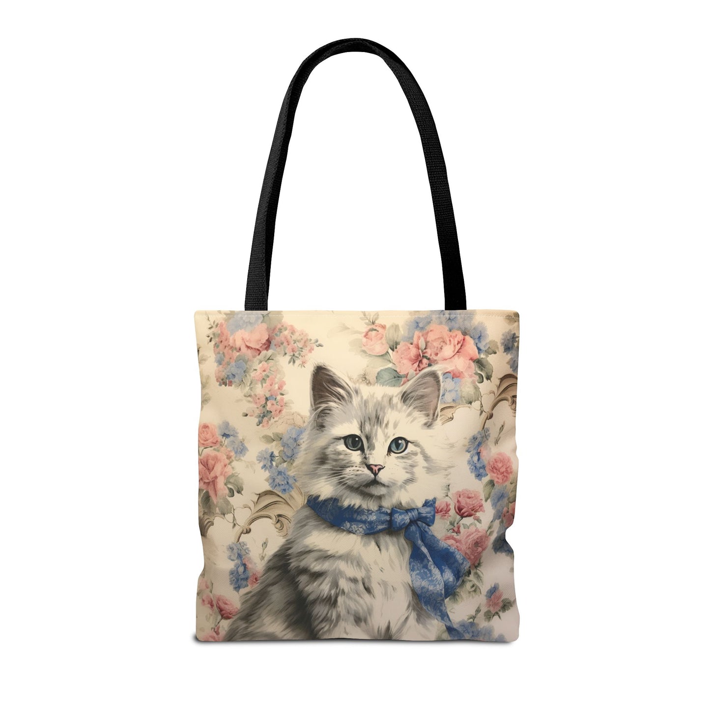 Charming Floral Cat Tote Bag with Pastel Blossoms, Elegant Gift