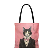 Elegant Tuxedo Cat Canvas Tote Bag – Chic Pink Design for Cat Lovers