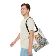 Floral Pomeranian Tote Bag with Blue Vintage Bow Design