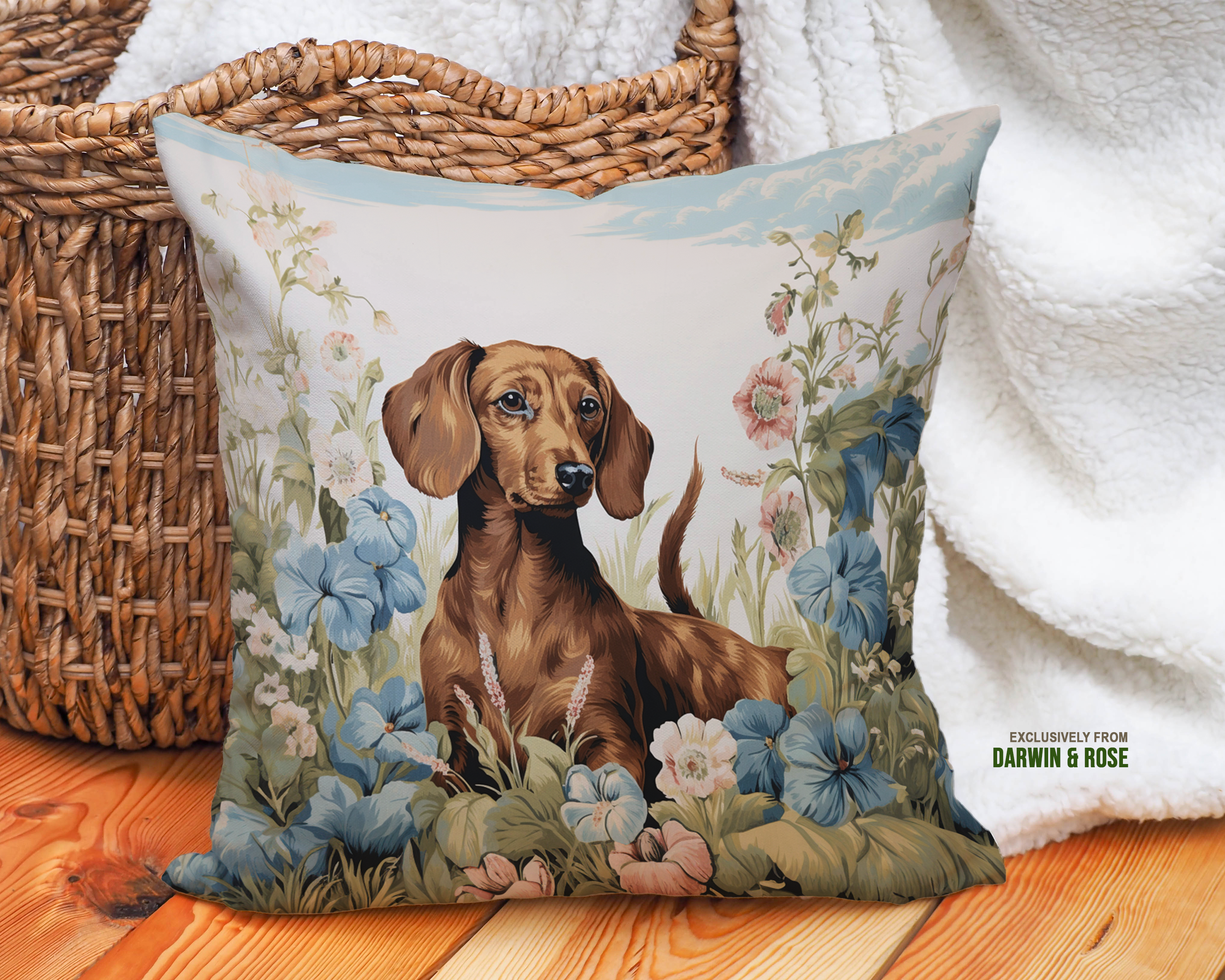 Dachshund Bliss Floral Throw Pillow - Cottagecore Charm for Dog Lovers