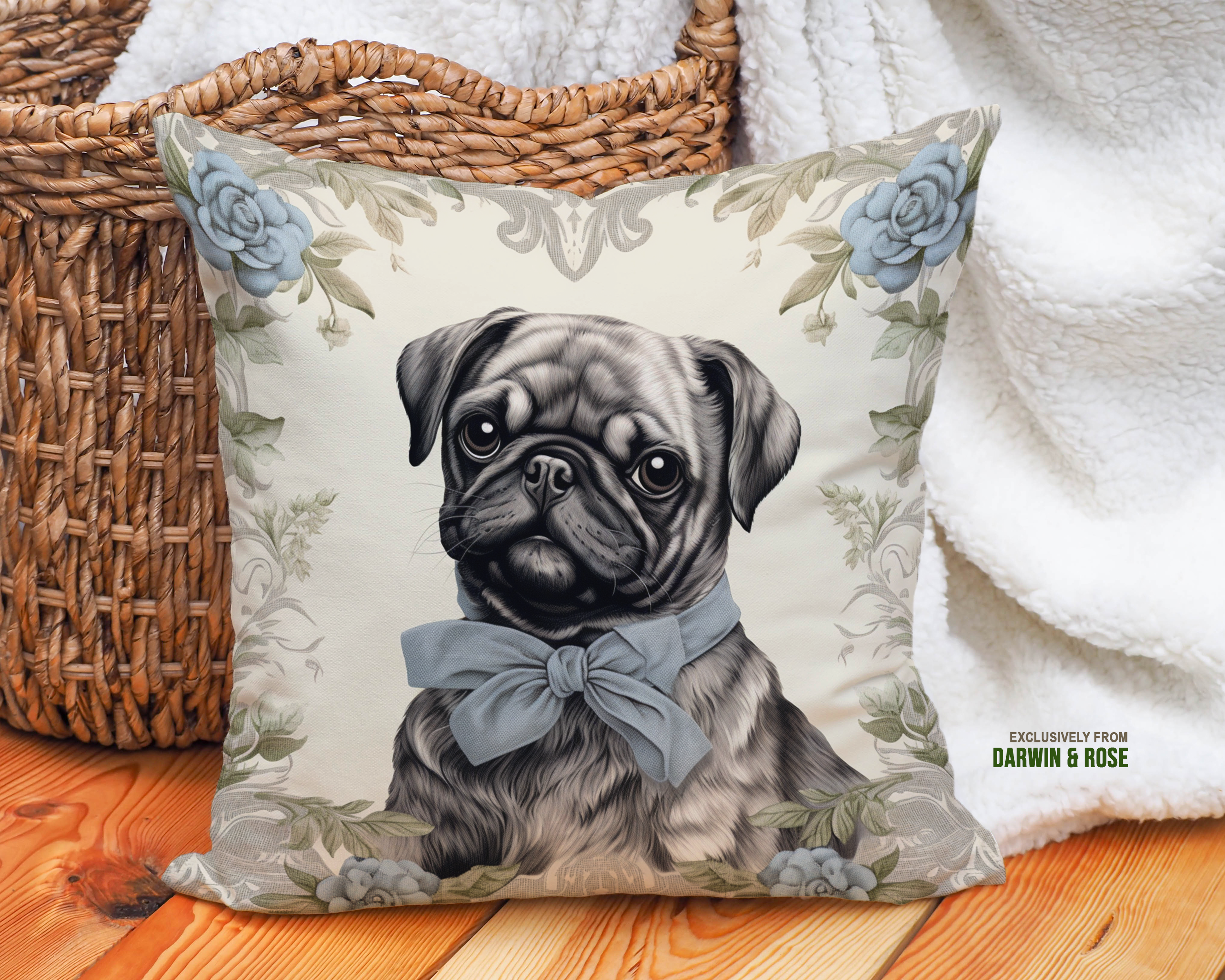 Vintage Pug Portrait Throw Pillow – Elegant Cottagecore Decor
