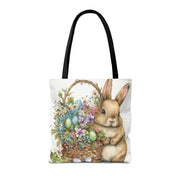 Charming Bunny Easter Tote Bag with Flowers and Painted Eggs