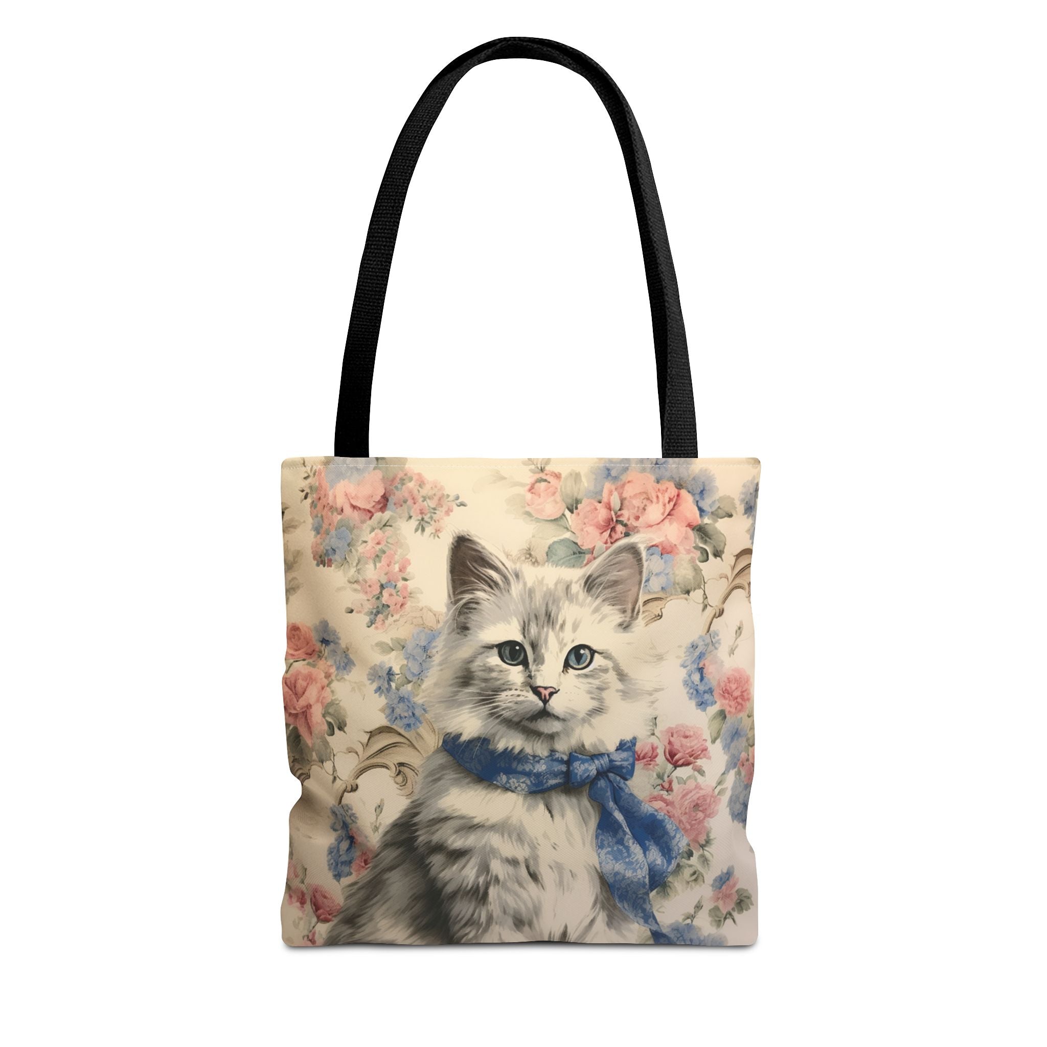 Charming Floral Cat Tote Bag with Pastel Blossoms, Elegant Gift