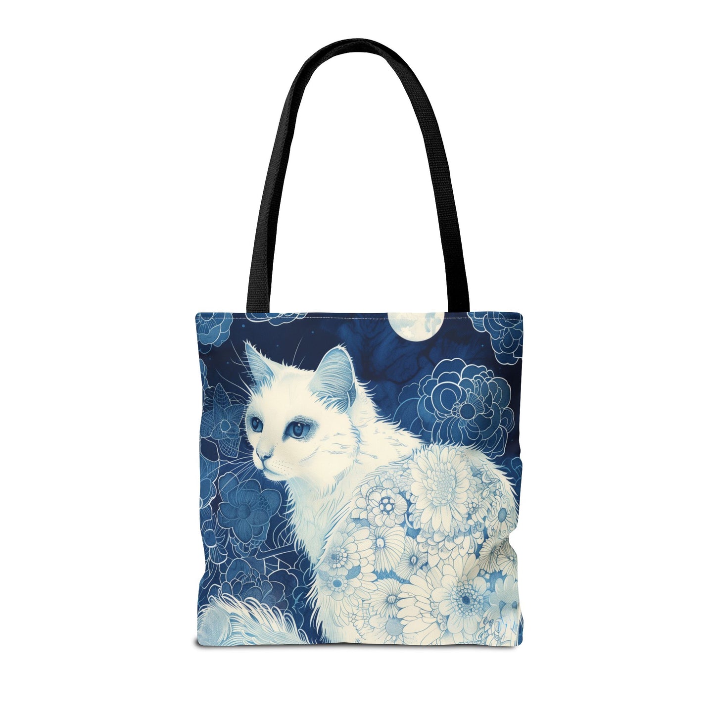 Moonlit Floral Cat Tote Bag, Elegant Canvas for Nature Lovers