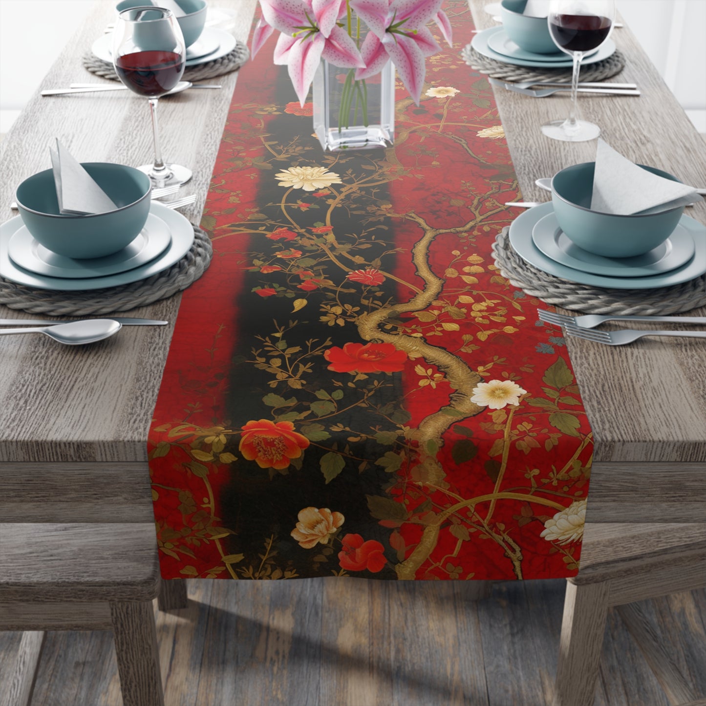 Luxury Red & Black Floral Table Runner | Gold Accents, Elegant Design (72" or 90")