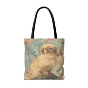 Pekingese Elegance Tote Bag, Floral Canvas for Pet Lovers