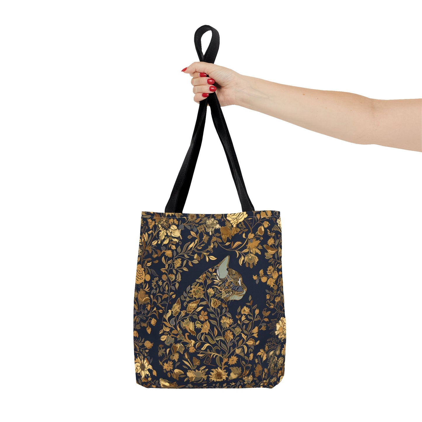 Golden Floral Cat Silhouette Tote Bag, Elegant Eco-Friendly Canvas