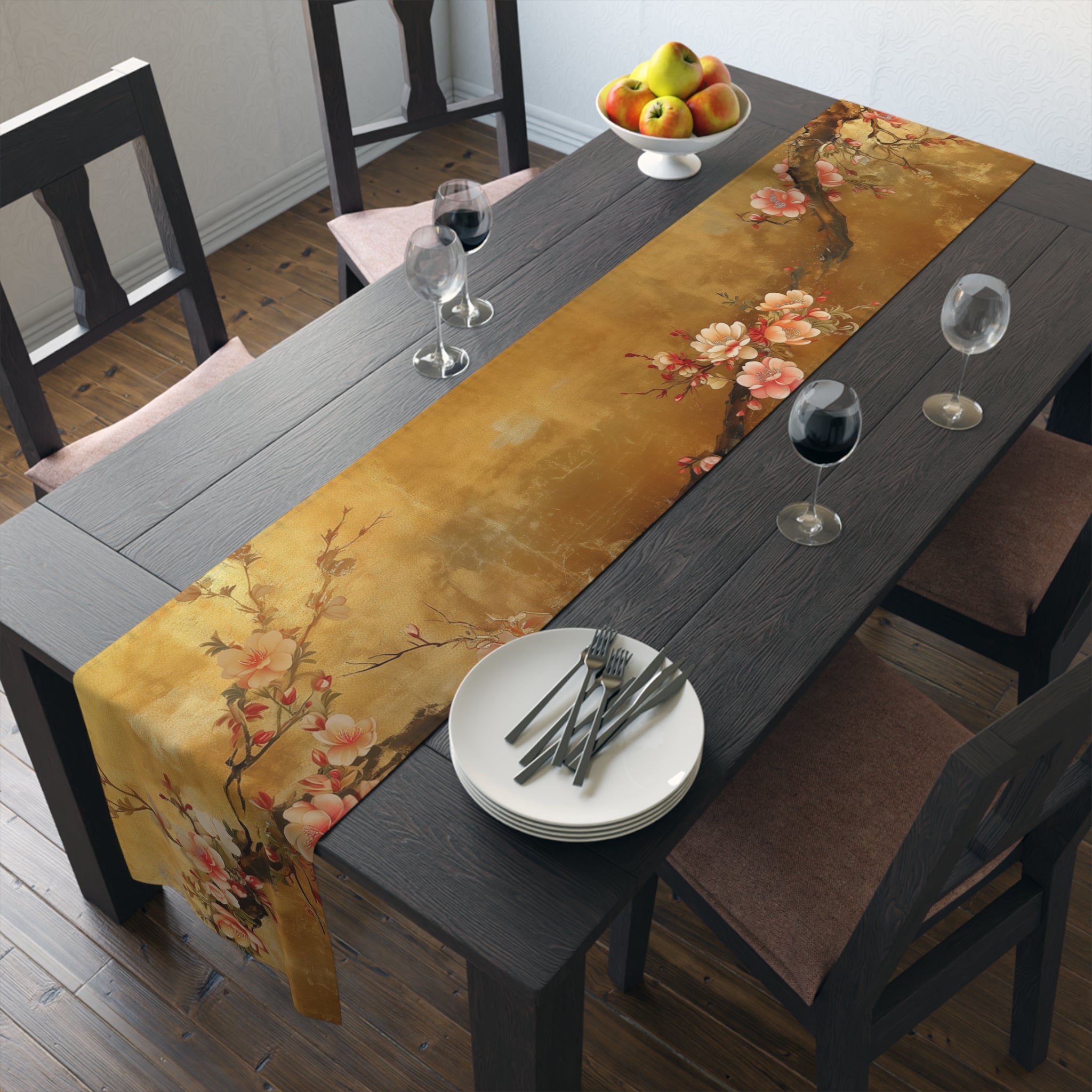 Cherry Blossom Table Runner | Gold, Pink, and Brown Design (72" or 90")