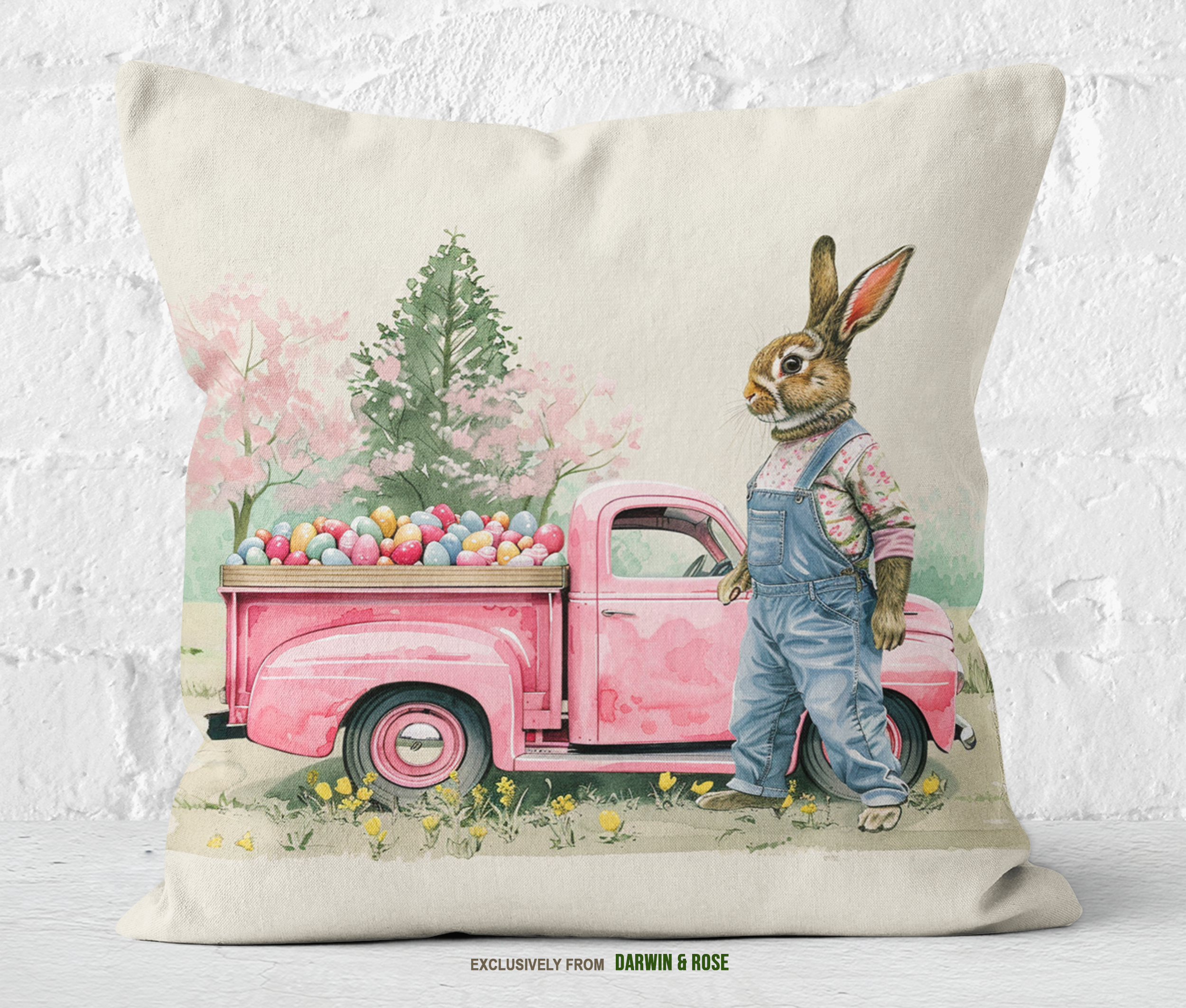 Easter Bunny Farmhouse Throw Pillow - Pink Vintage Truck and Spring Charm