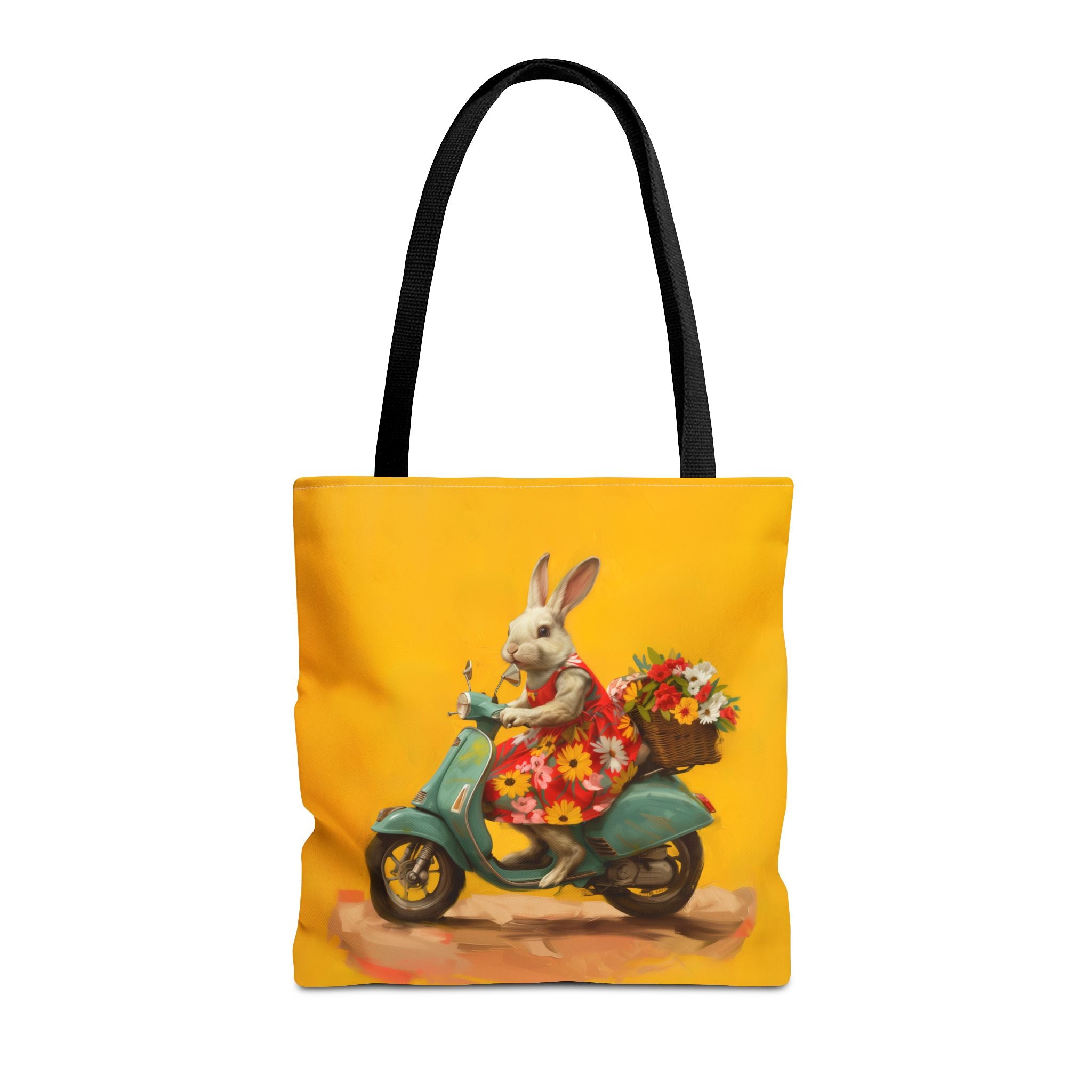 Bunny on Scooter Flower Tote Bag, Vibrant Artistic Market Bag