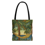 Tropical Paradise Canvas Tote Bag, Palm Tree Hammock Beach Design