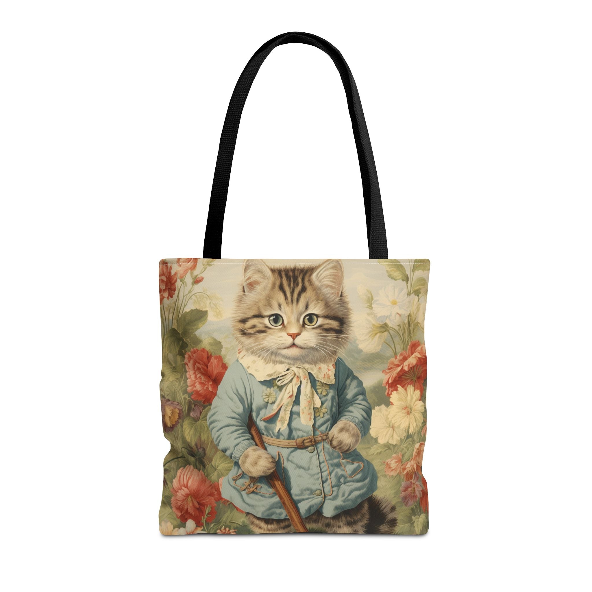 Whimsical Kitten Garden Tote Bag with Vintage Floral Design