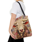 Floral Bull Art Tote Bag - Rustic Eco-Friendly Market Tote