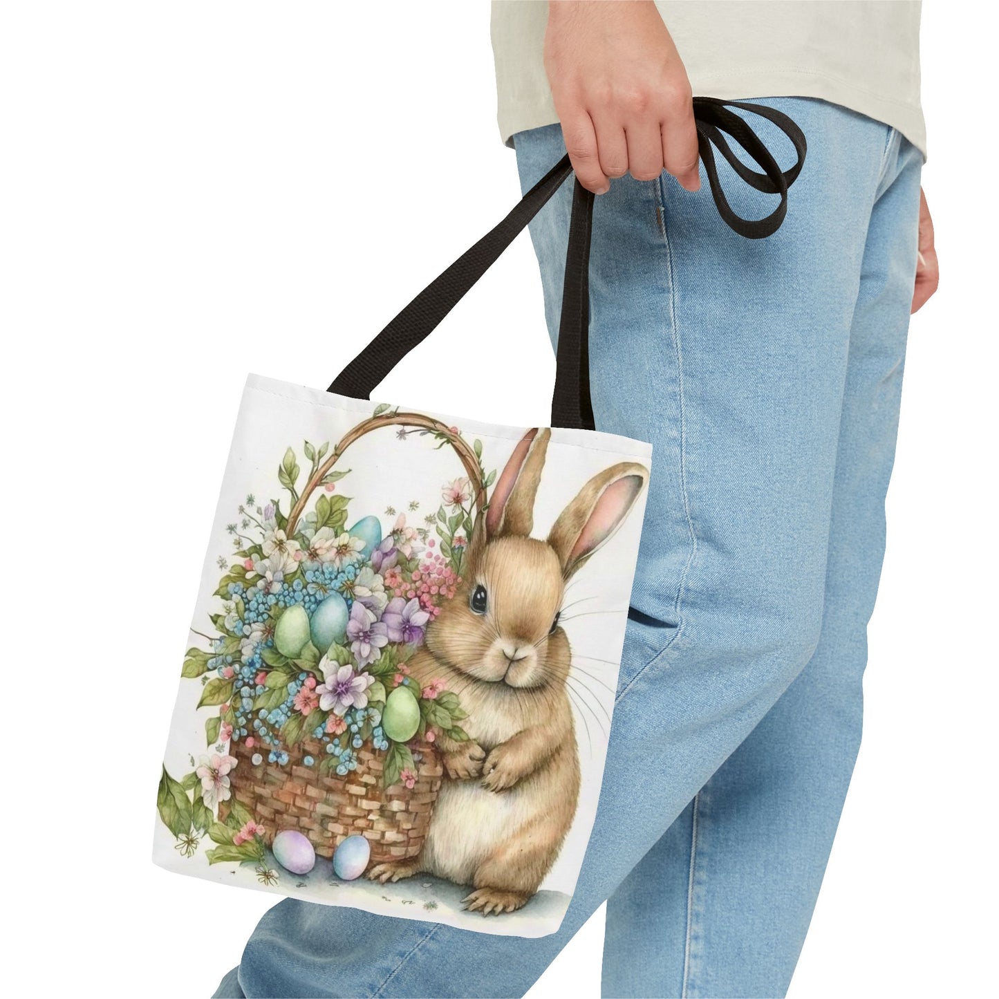 Charming Bunny Easter Tote Bag with Flowers and Painted Eggs