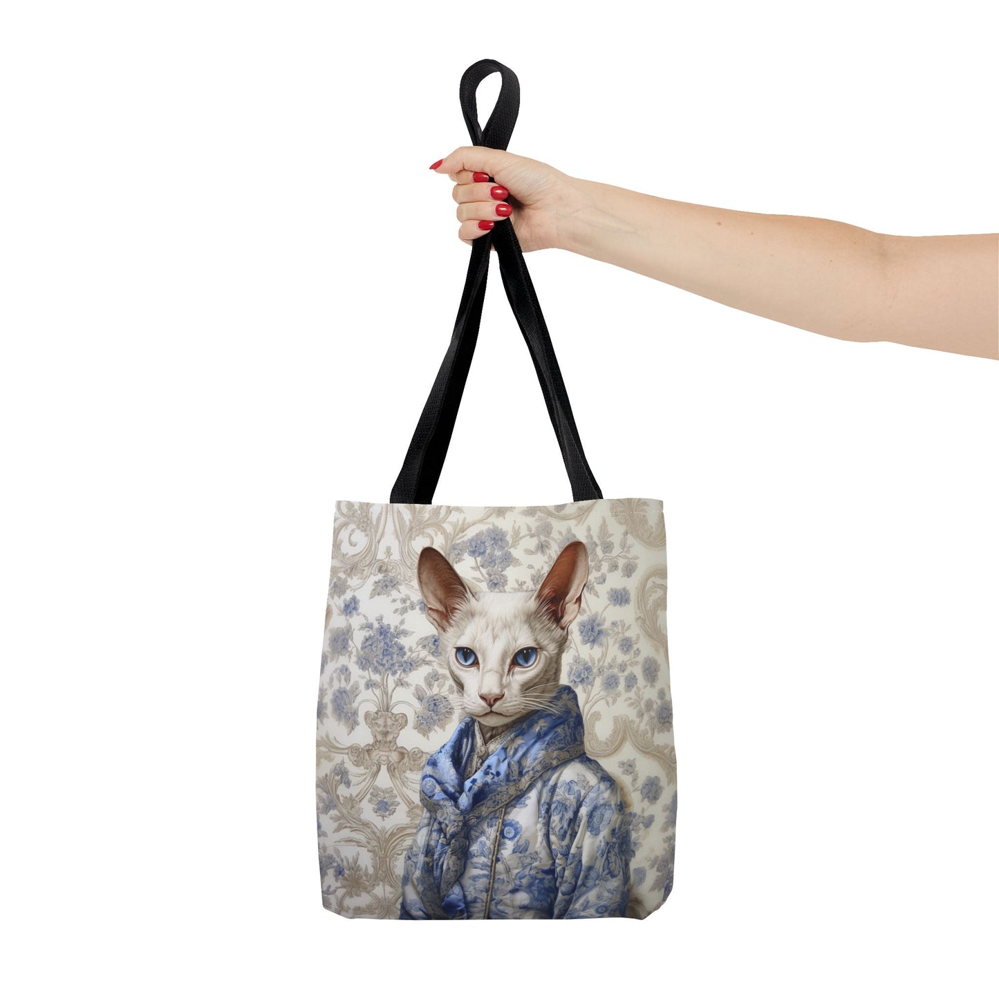 Elegant Oriental Cat Tote Bag in Blue Floral Design