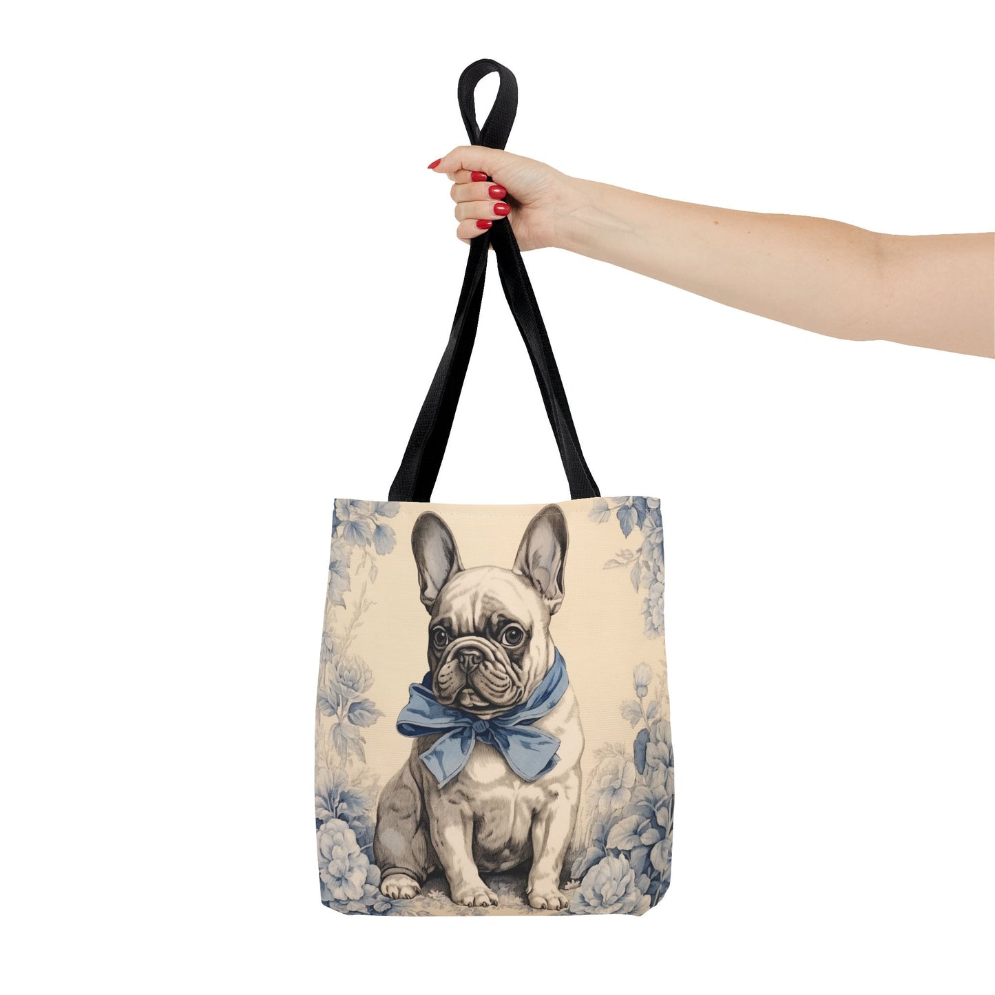 French Bulldog Canvas Tote Bag with Blue Bow, Dog Lover’s Eco Bag