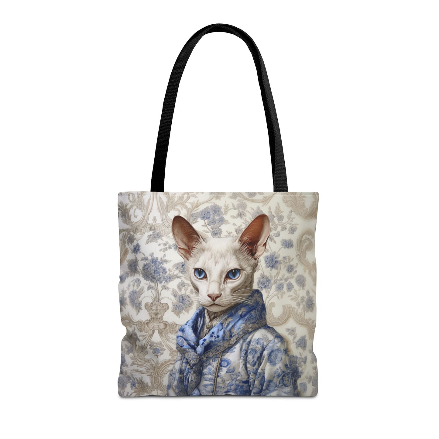 Elegant Oriental Cat Tote Bag in Blue Floral Design