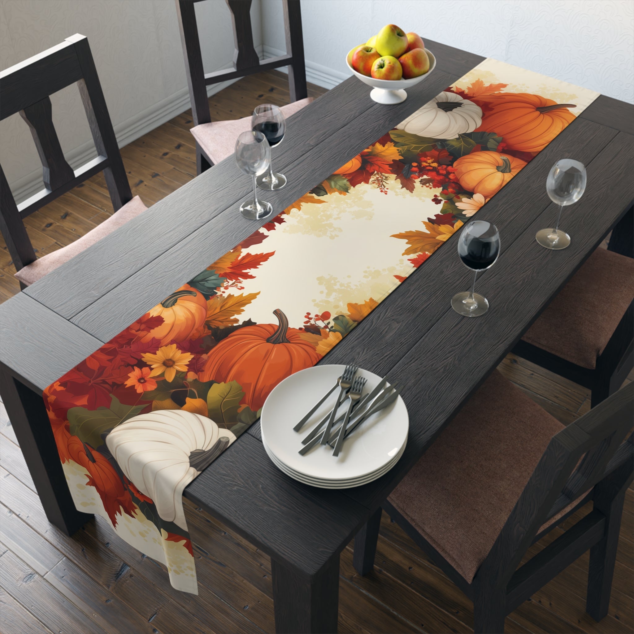 Thanksgiving Pumpkin & Leaves Table Runner | Orange, Cream, and Red Design (72" or 90")