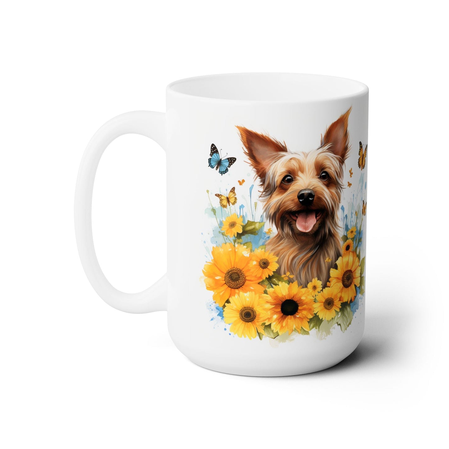 Yorkie Sunshine Mug – Yorkshire Terrier with Sunflowers & Butterflies