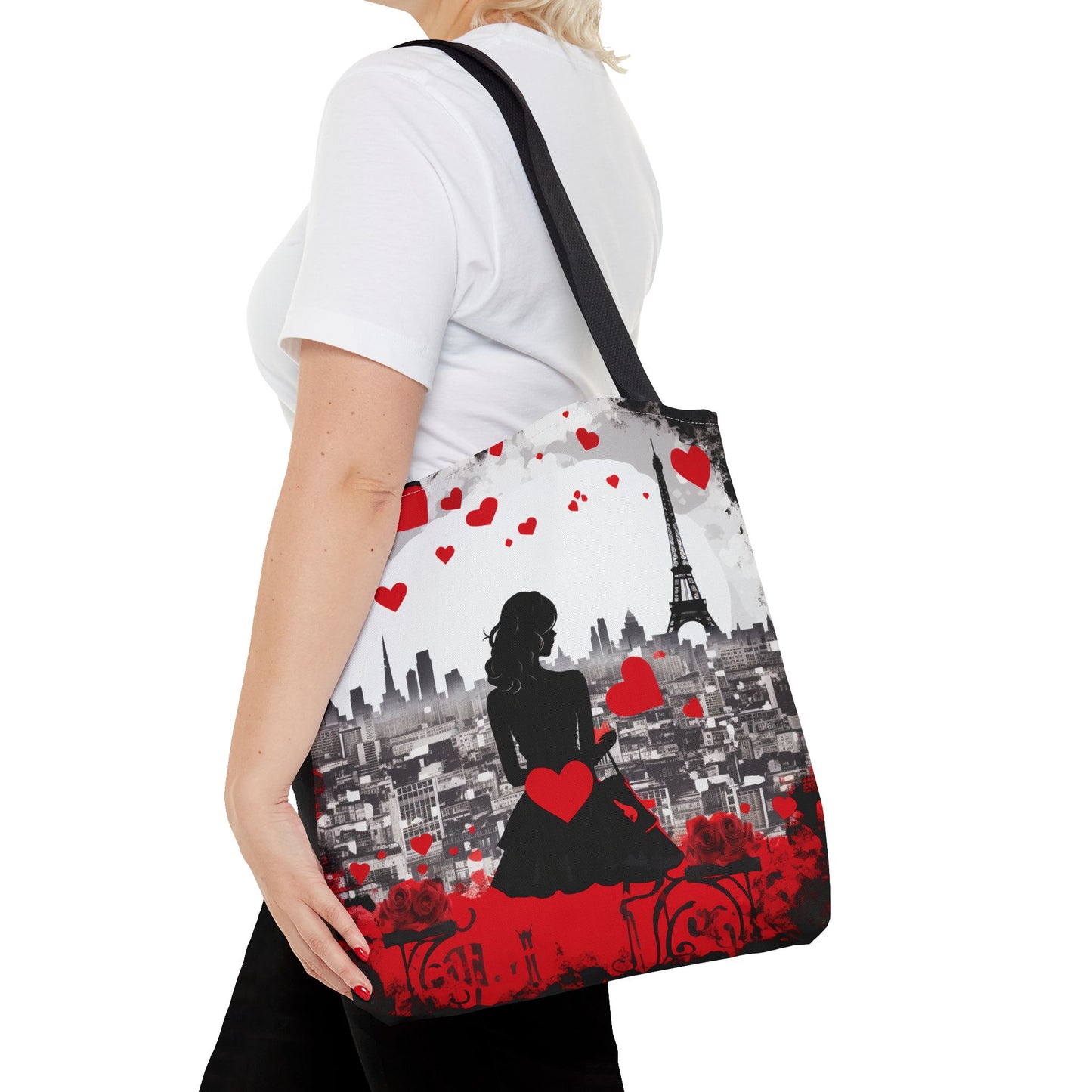 Parisian Romance Tote Bag - Eiffel Tower Design with Heart Accents