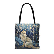 Winter White Wolf Tote Bag, Artistic Snowy Forest Design, Eco-Friendly