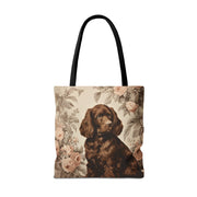 Chocolate Brown Spaniel Tote Bag with Vintage Floral Design