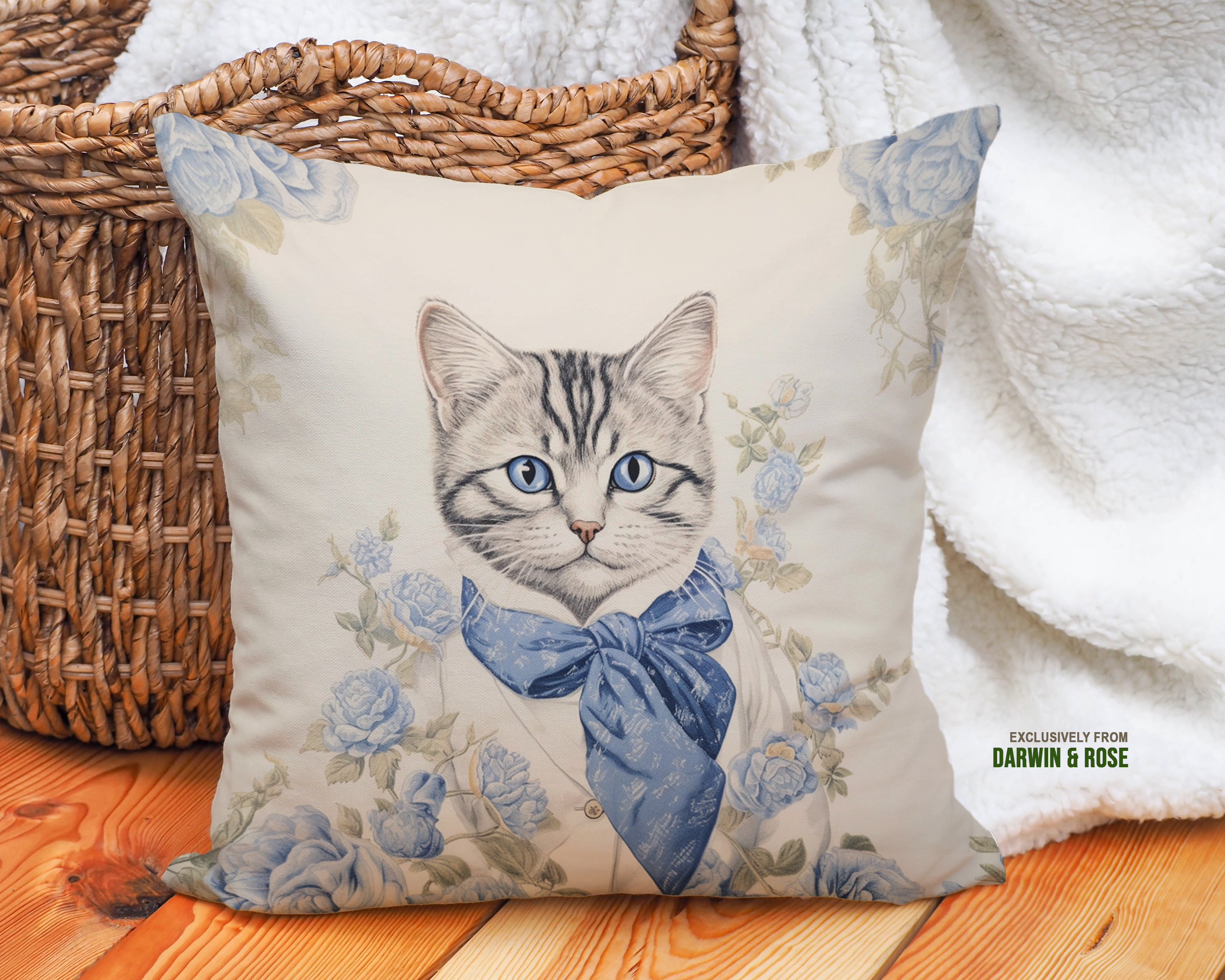 Elegant American Shorthair Cat Throw Pillow – Vintage Blue Floral Design