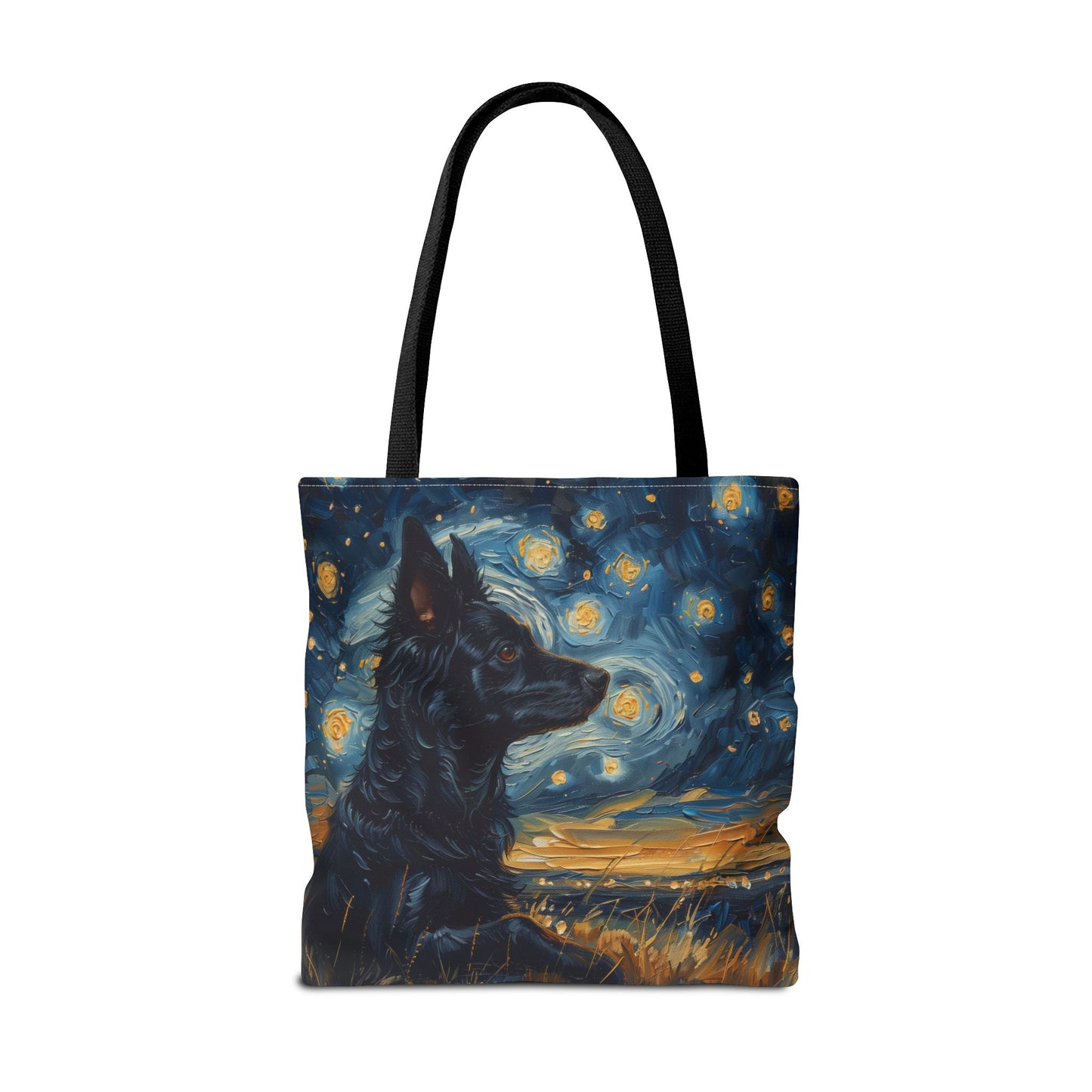 Starry Night Black Dog Tote Bag, Artistic Grocery & Beach Accessory