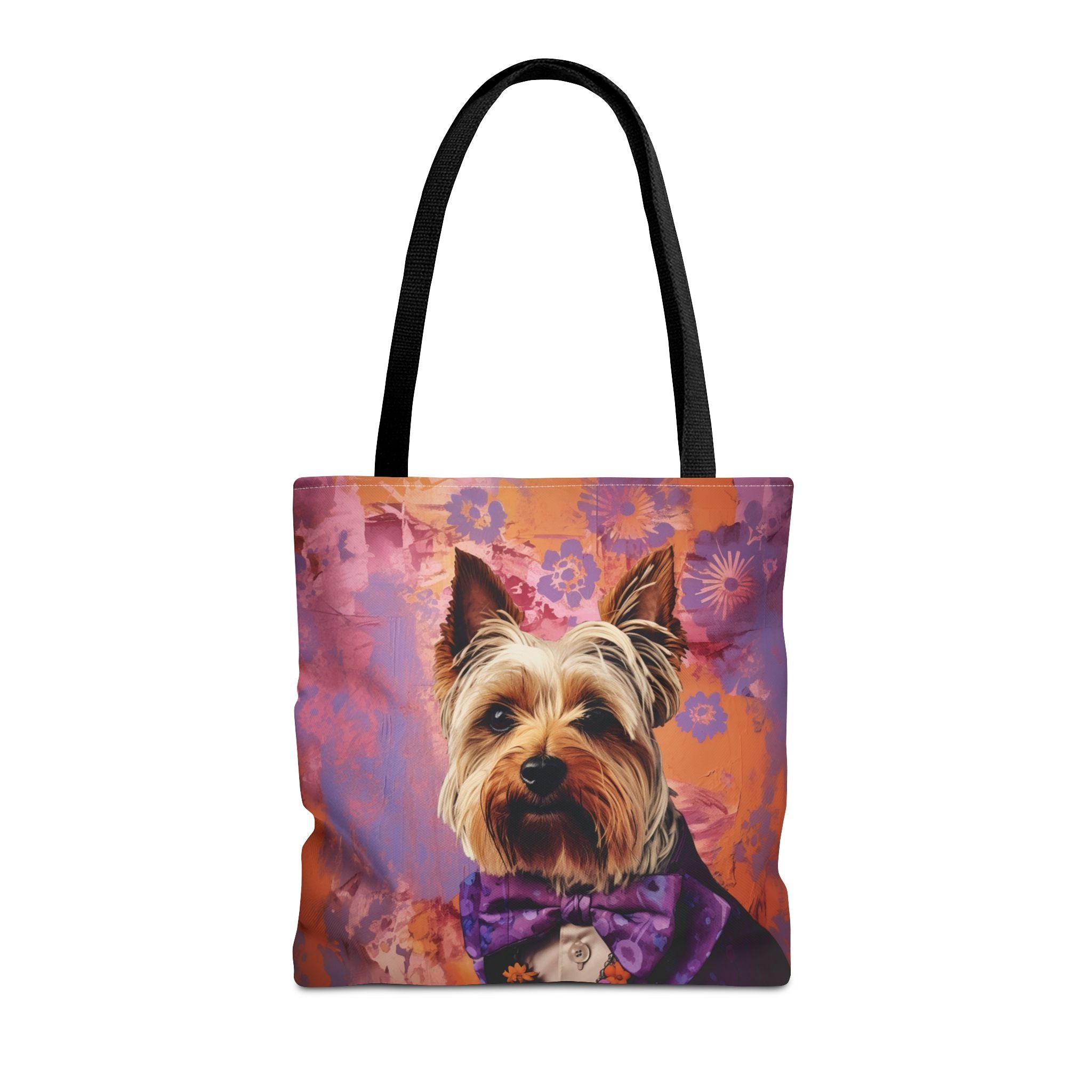 Yorkie Elegance Tote Bag with Vibrant Floral Backdrop, Eco-Friendly