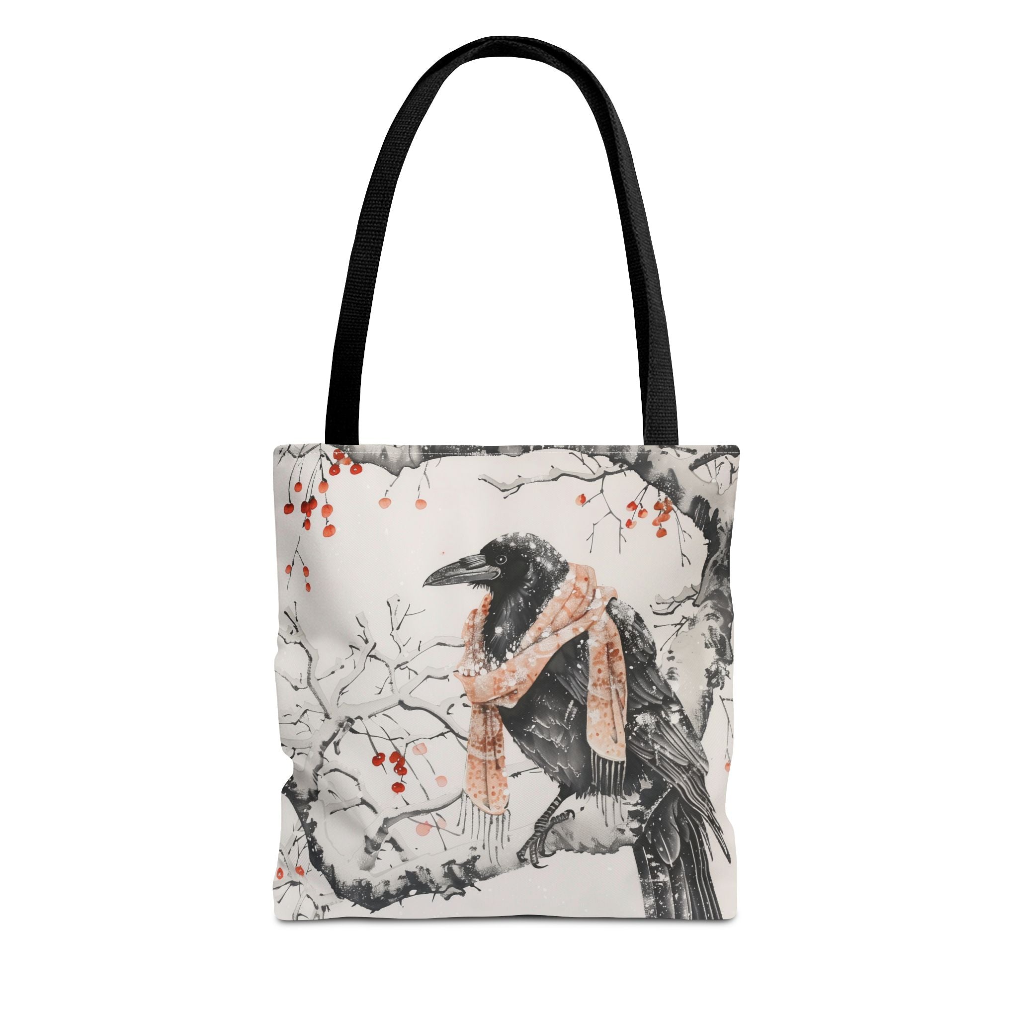 Winter Raven Art Tote Bag with Festive Scarf, Reusable Canvas Bag