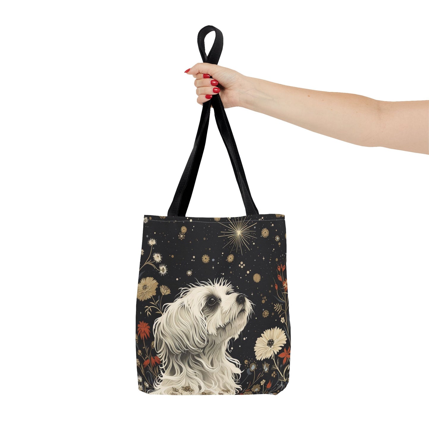 Maltese Starry Night Canvas Tote Bag, Elegant Floral Dog Lover Gift