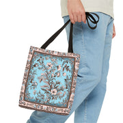 Elegant Floral Tote Bag - Vintage Blue & Beige Design, Eco-Friendly