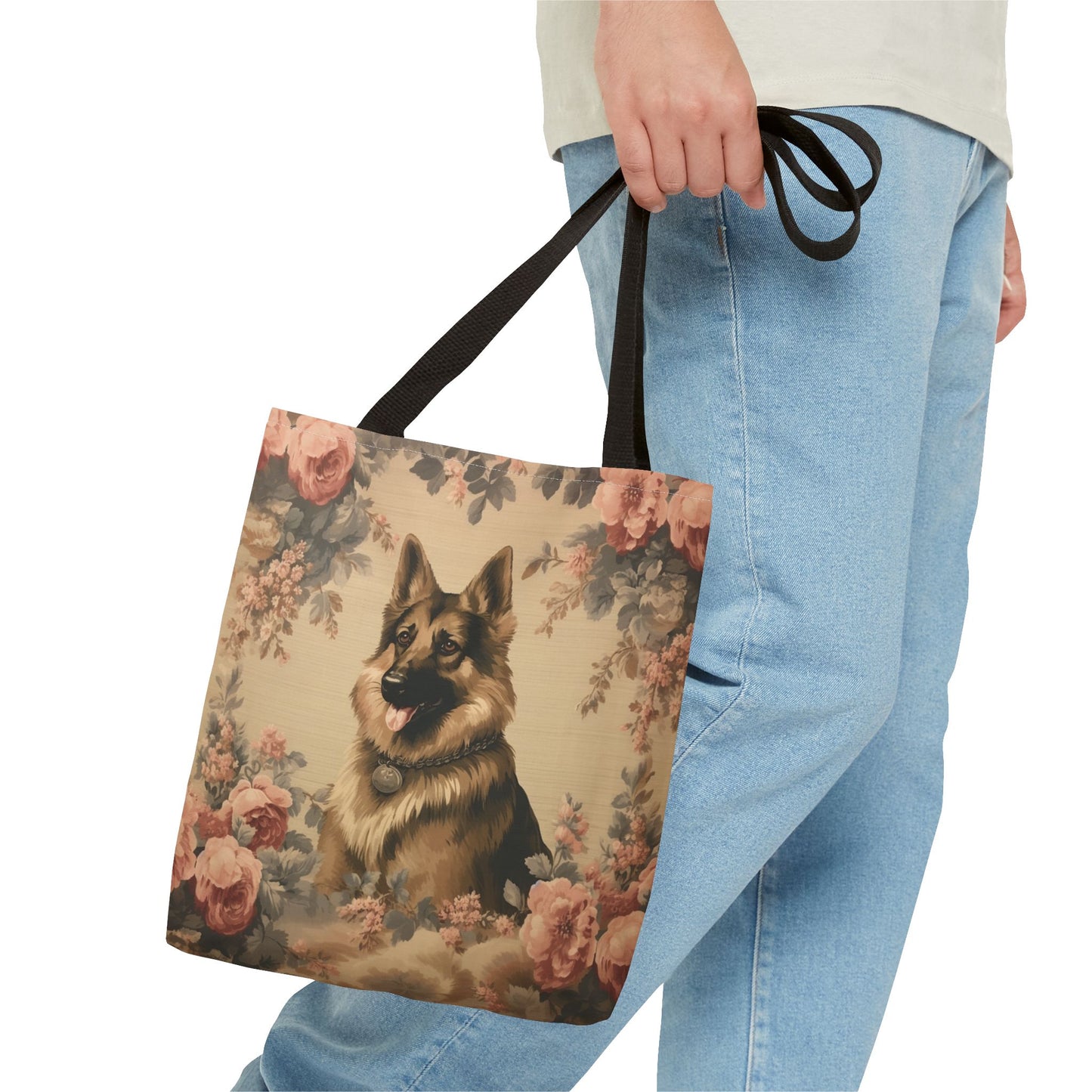 Elegant German Shepherd Floral Tote Bag, Eco-Friendly Canvas Gift