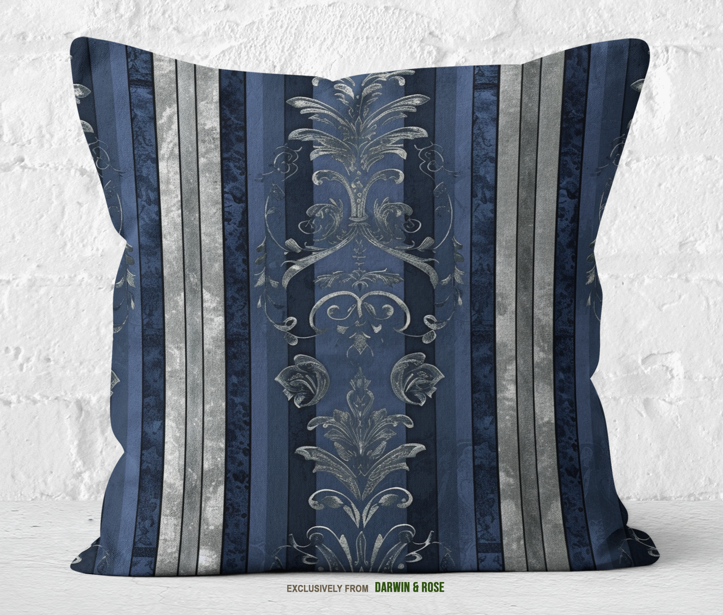 Victorian Elegance Striped Throw Pillow – Navy and Silver Baroque Design