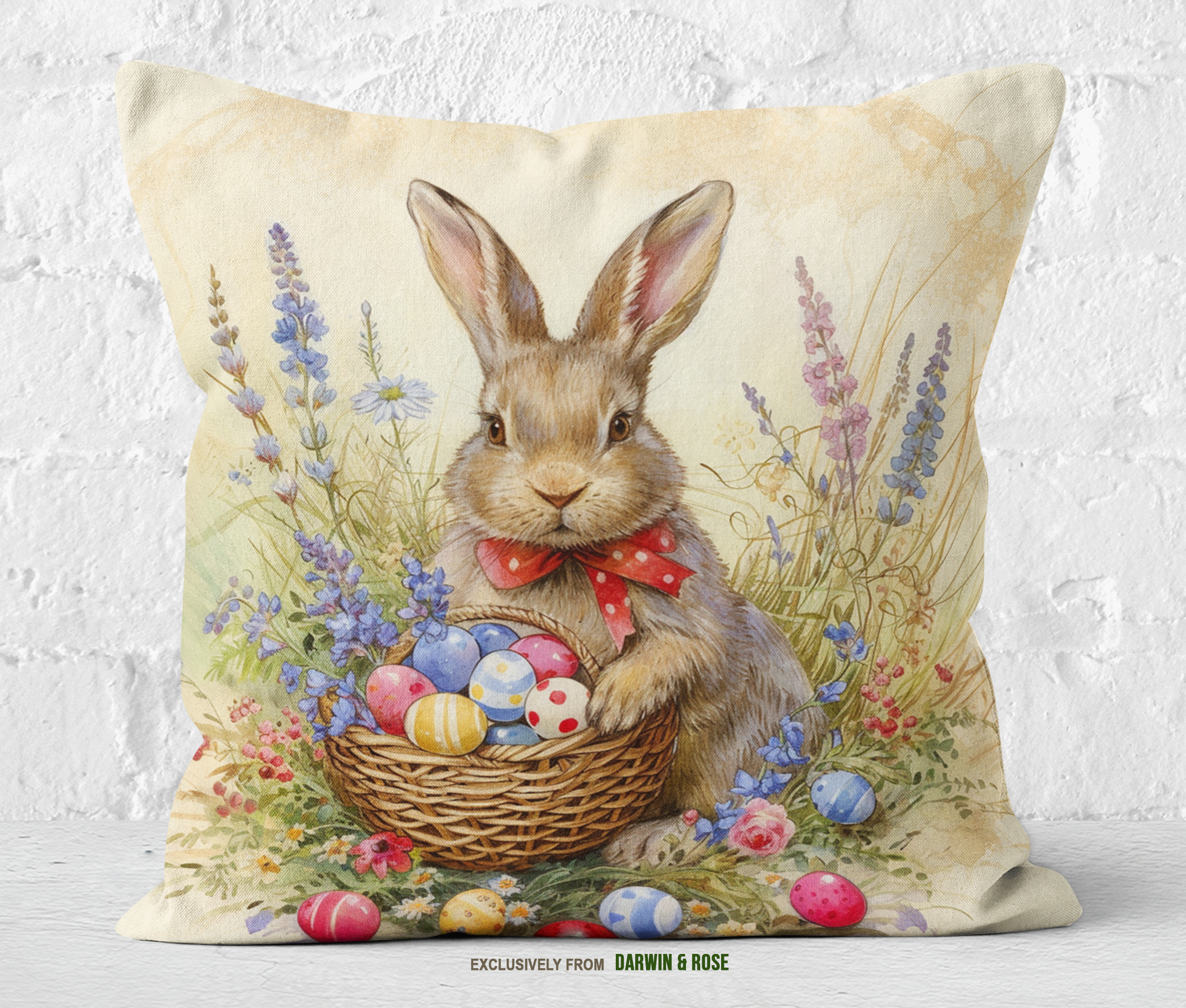 Easter Bunny Meadow Throw Pillow – Vintage Farmhouse Spring Decor