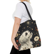 Maltese Starry Night Canvas Tote Bag, Elegant Floral Dog Lover Gift