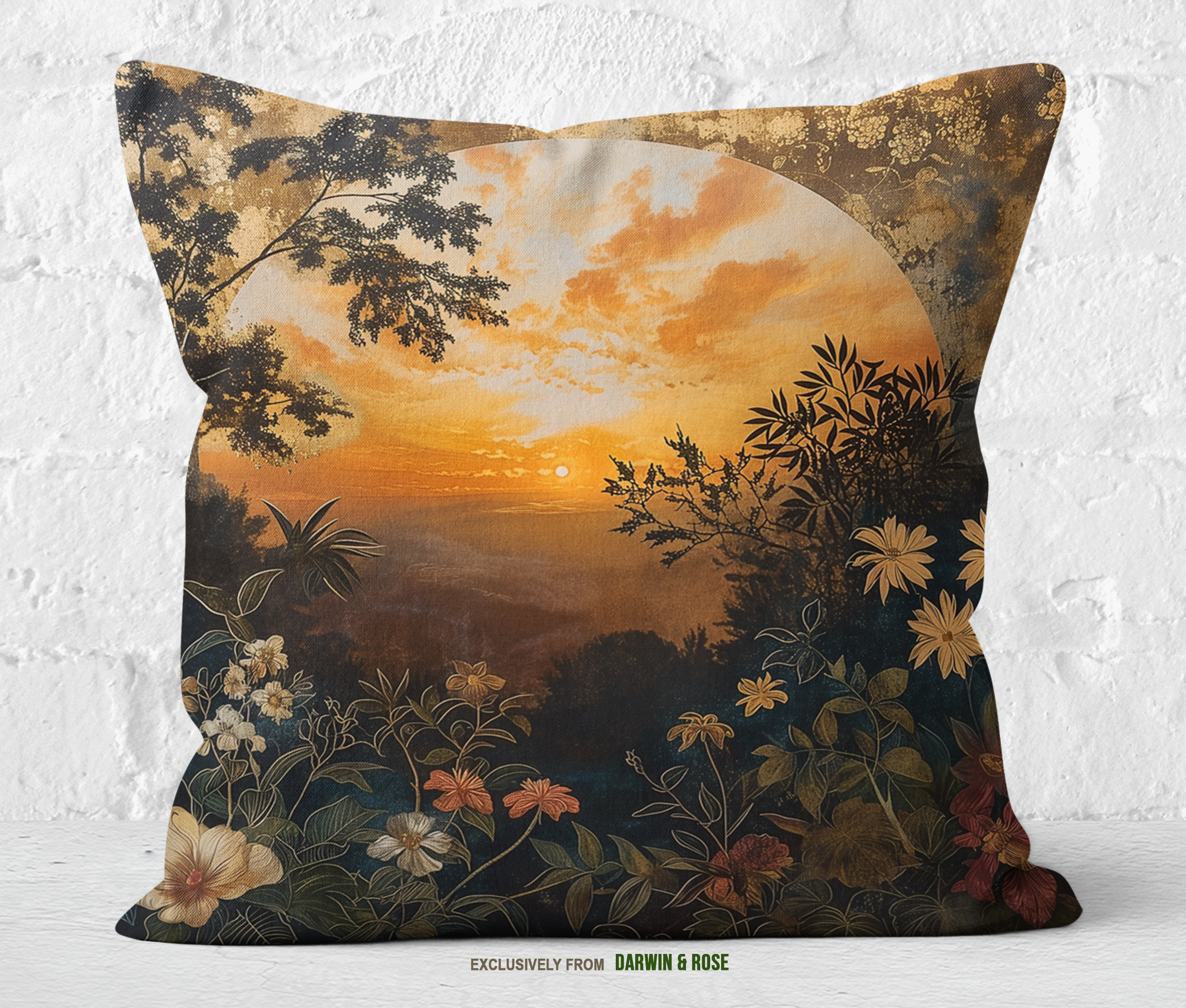 Golden Boho Sunset Throw Pillow: Floral and Sunset Design for a Cozy Home