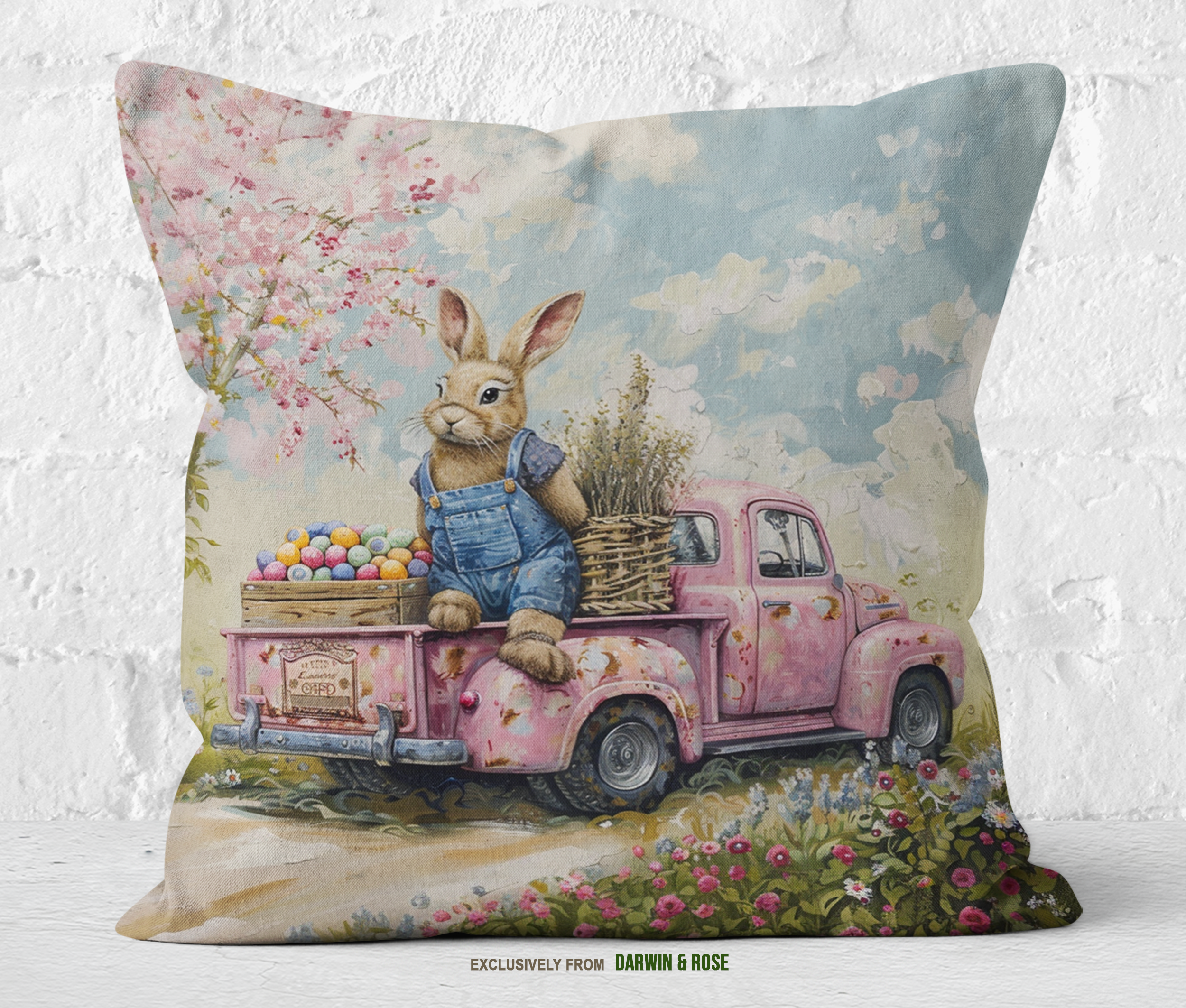 Vintage Easter Bunny Truck Throw Pillow - Farmhouse Spring Decor