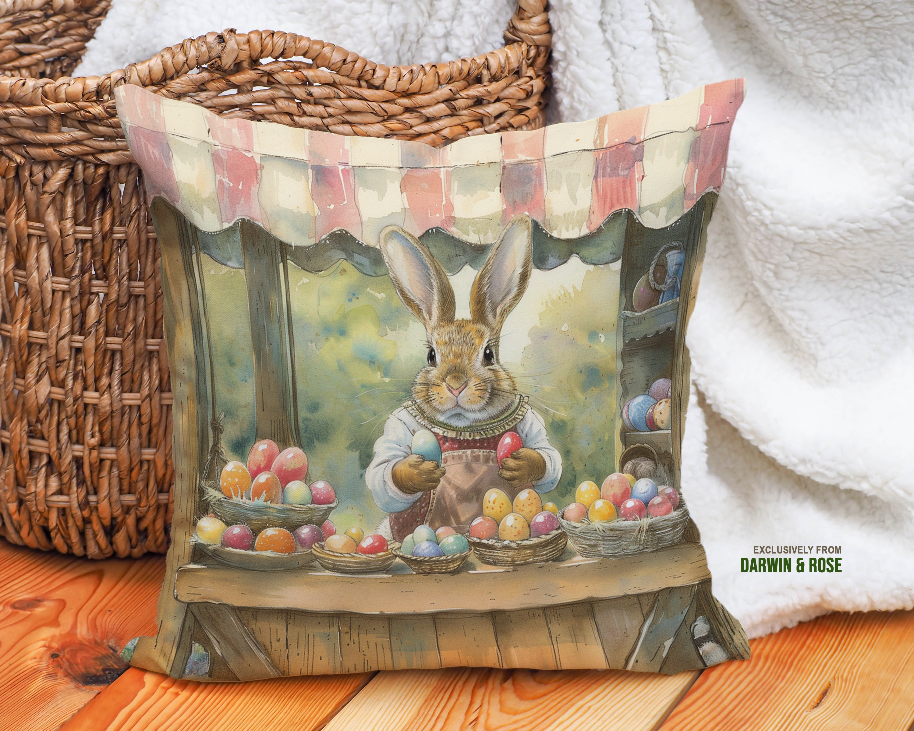 Easter Bunny Watercolor Market Throw Pillow - Farmhouse Spring Decor