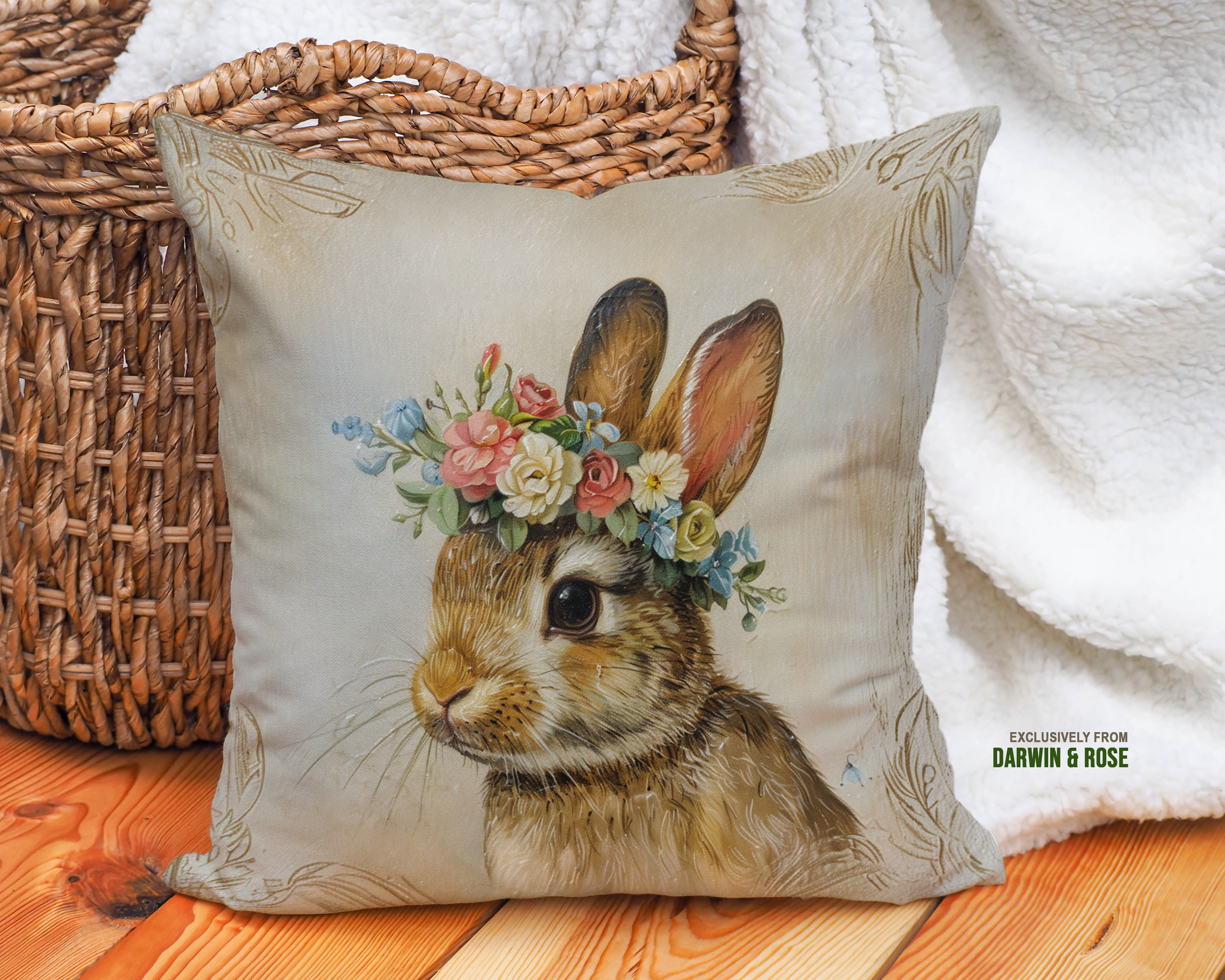 Easter Bunny Floral Crown Throw Pillow – Vintage Farmhouse Décor