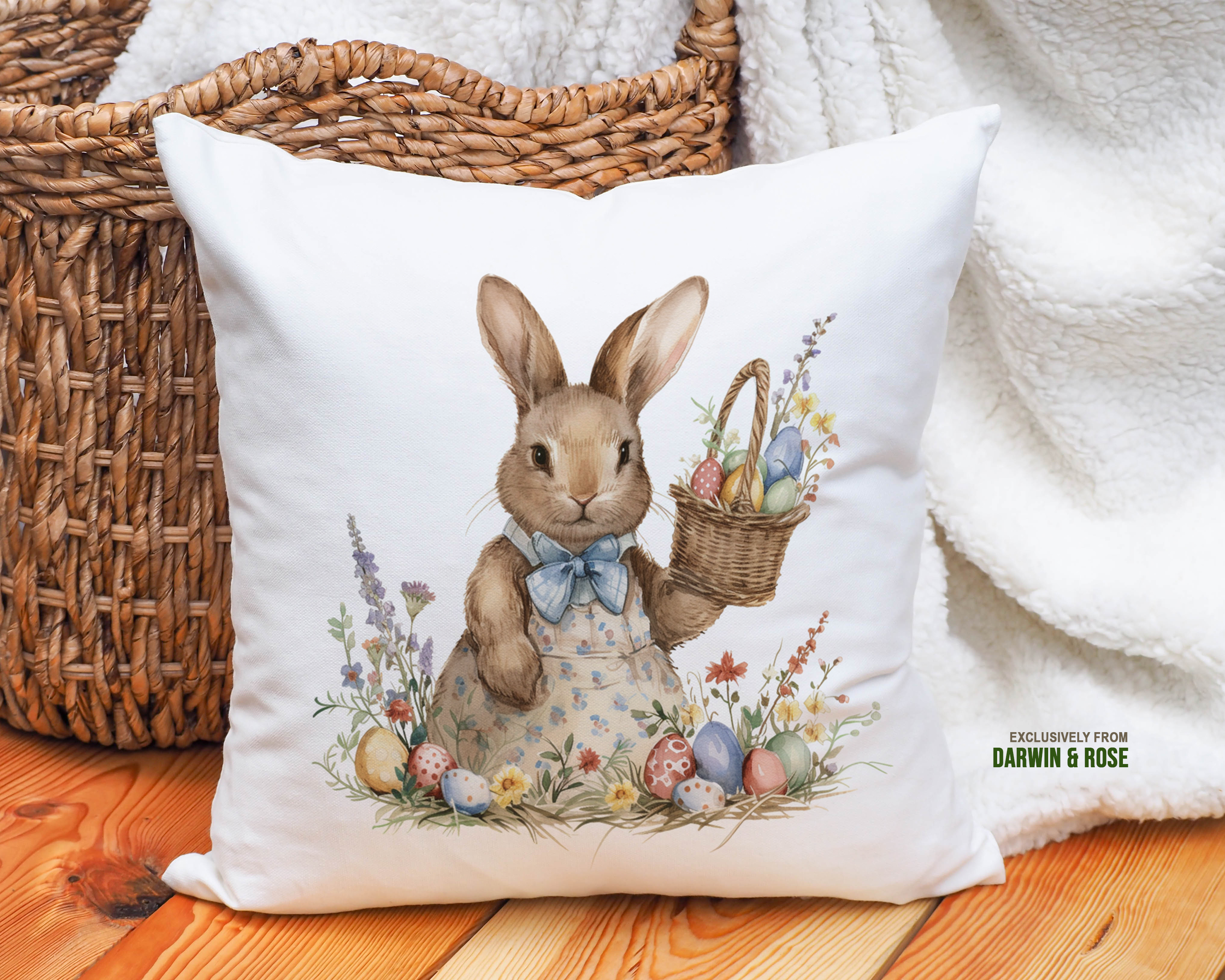 Vintage Easter Bunny Throw Pillow - Rustic Farmhouse Spring Décor
