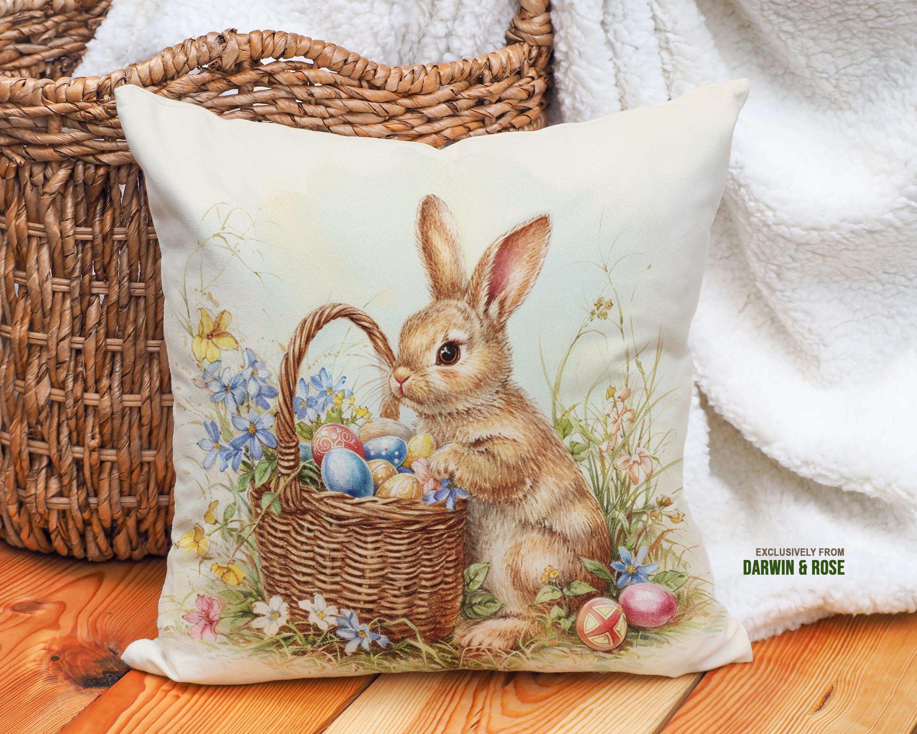 Easter Bunny with Spring Florals Throw Pillow - Rustic Farmhouse Decor