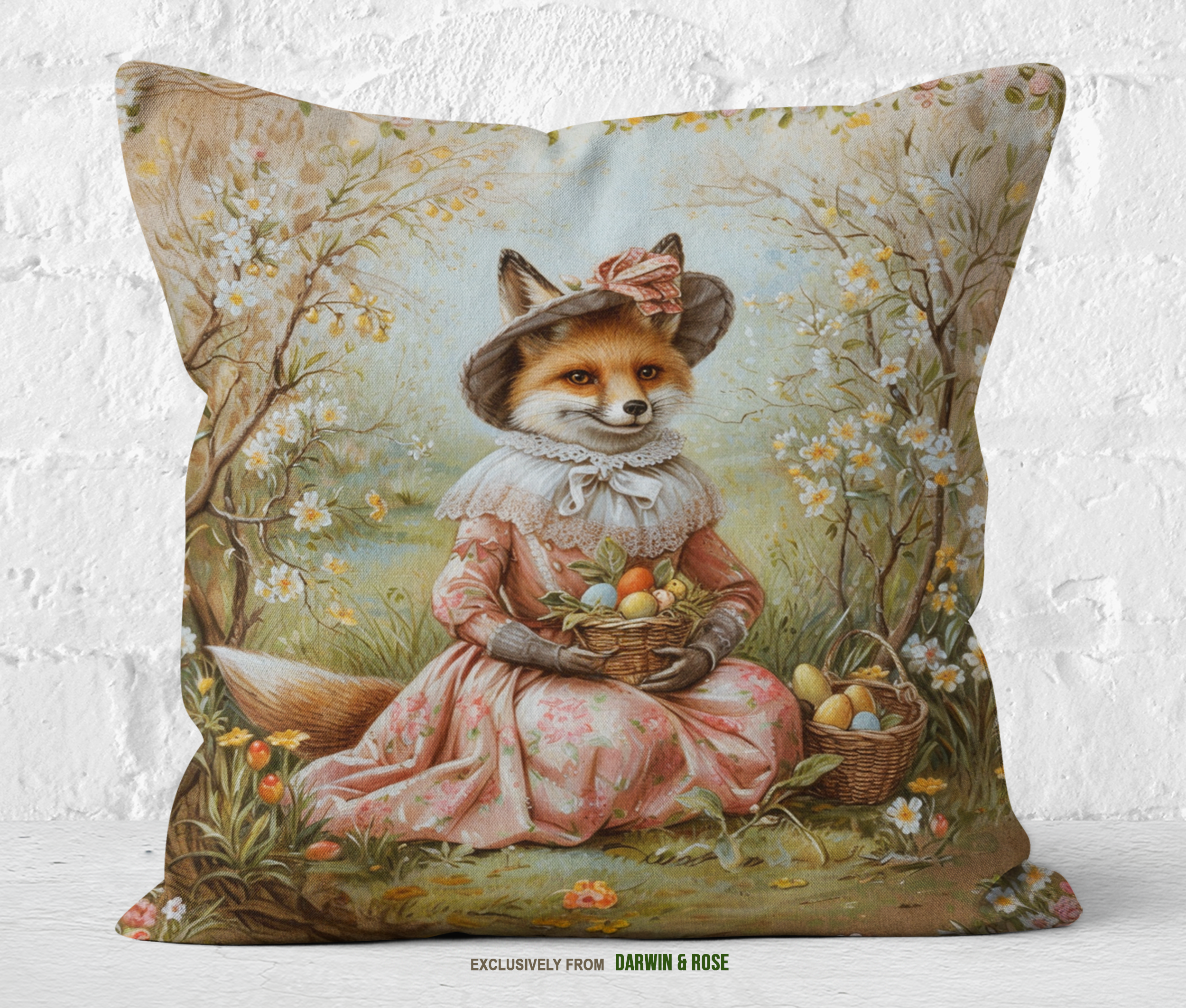 Vintage Easter Fox Throw Pillow – Farmhouse Spring Décor