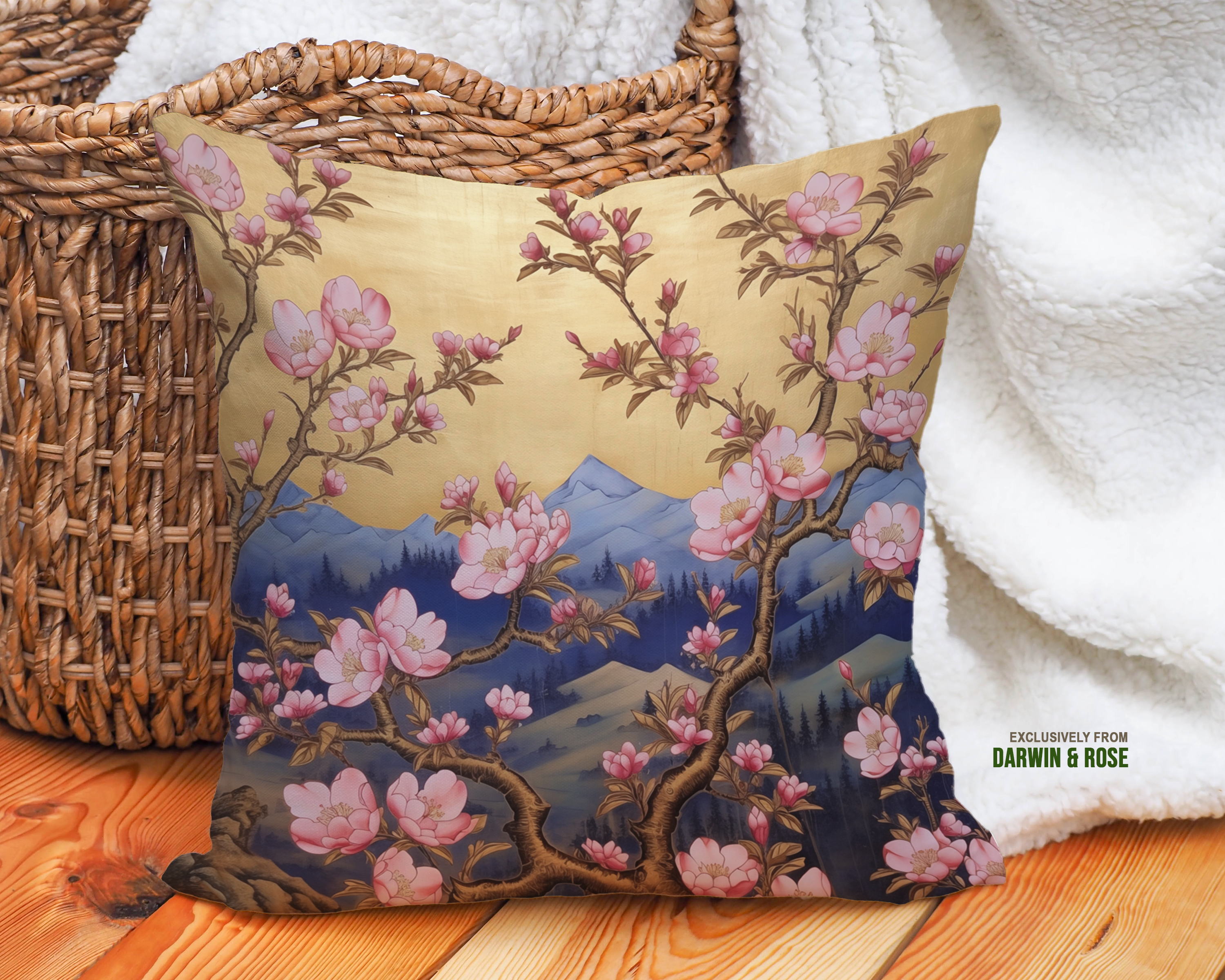 Magnolia Blossom and Mountain View Modern Throw Pillow